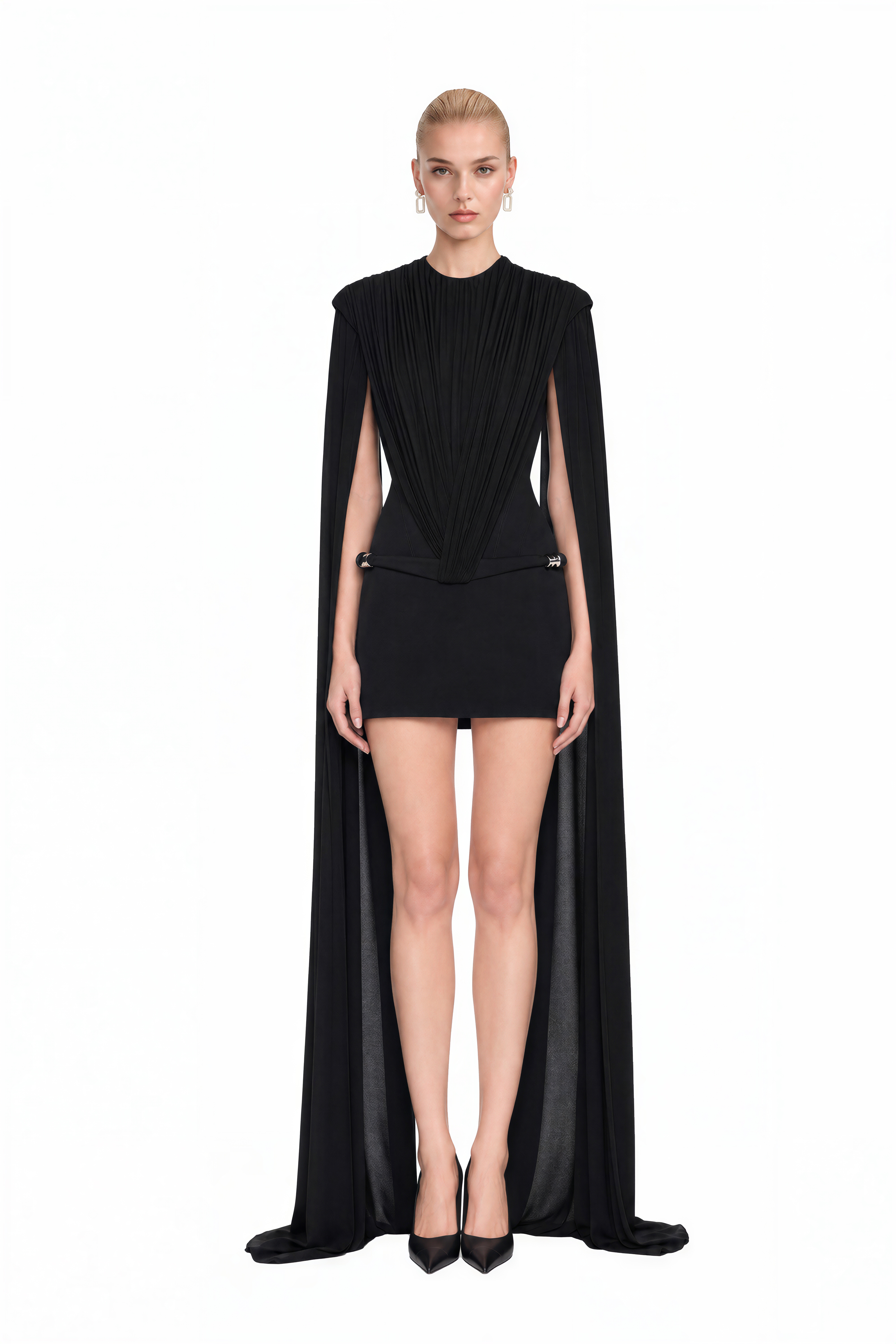 Eleanor Black Draped Shoulder Panels Mini Dress