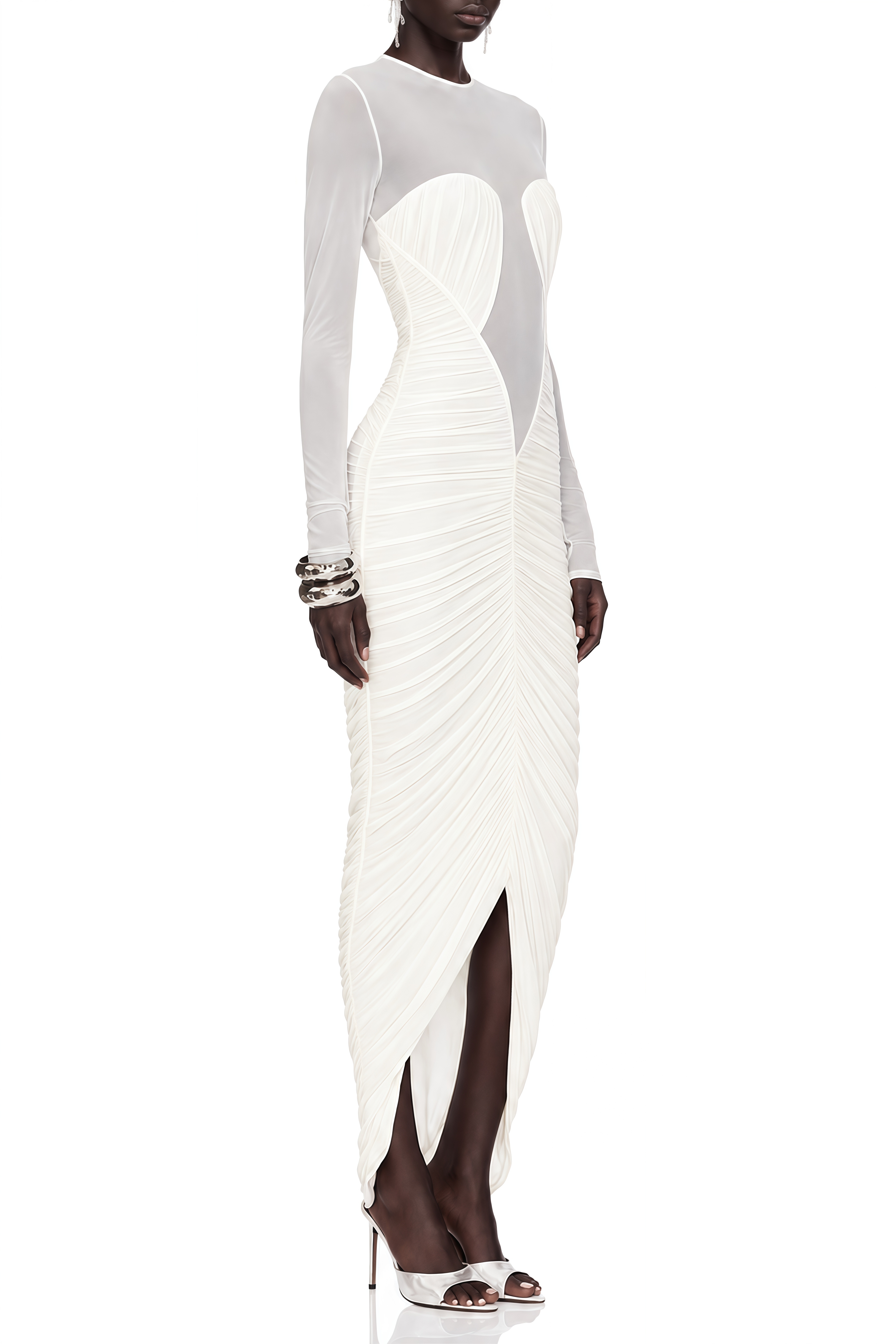 Estelle White Long Sleeves Ruched Maxi Dress