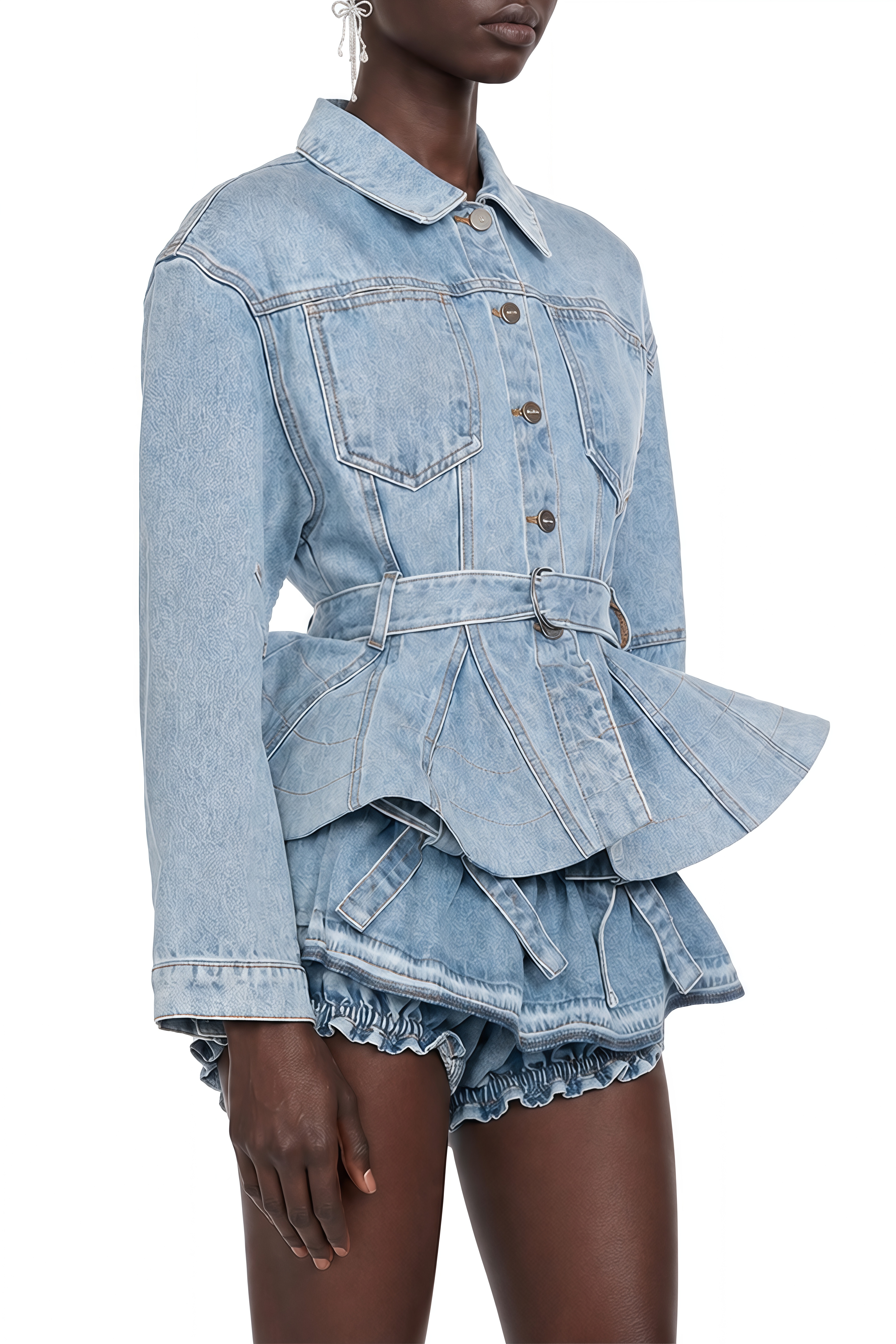 Celeste Blue Long Sleeves Ruffled Coat & Skirt Set