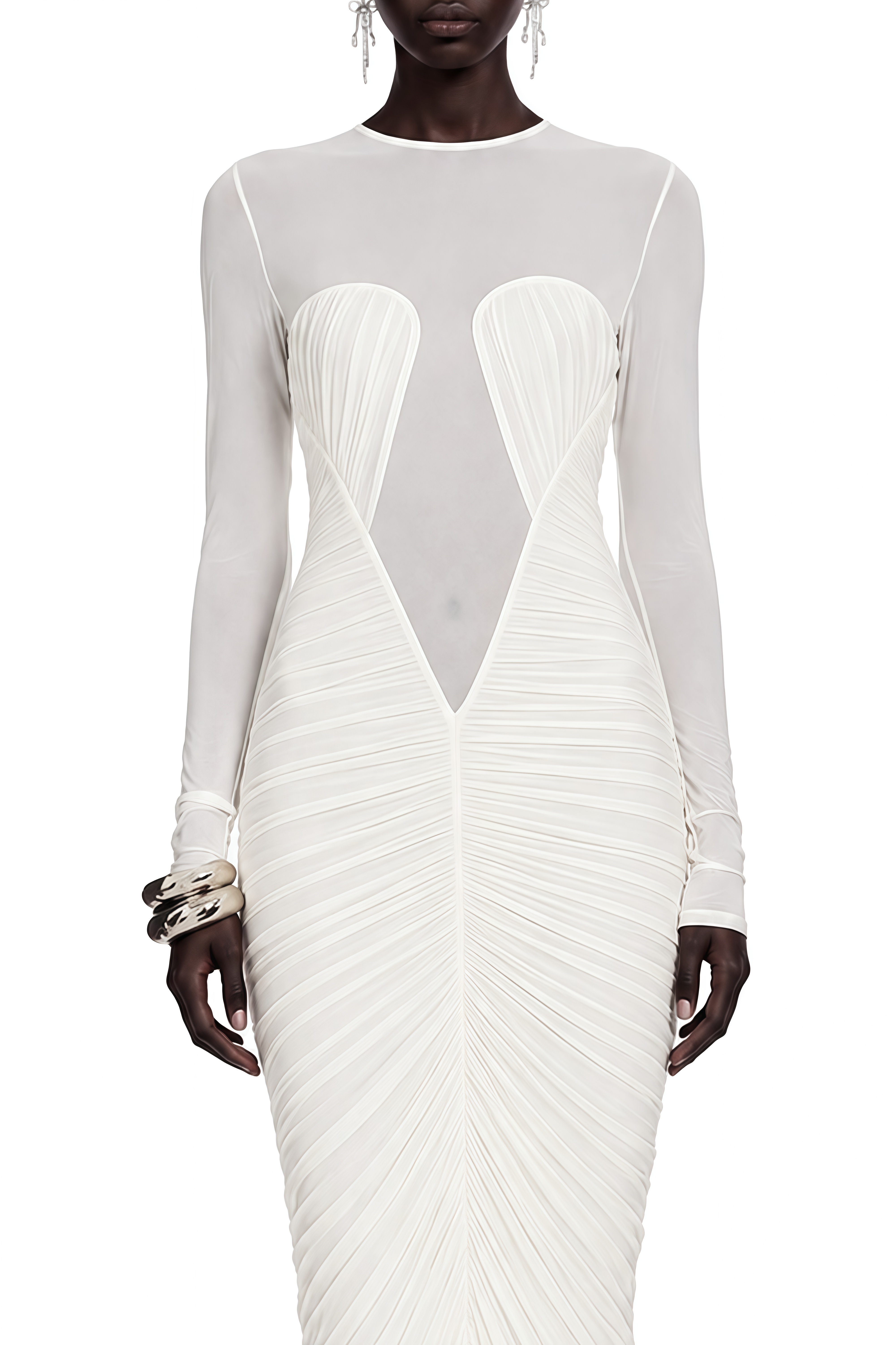 Estelle White Long Sleeves Ruched Maxi Dress