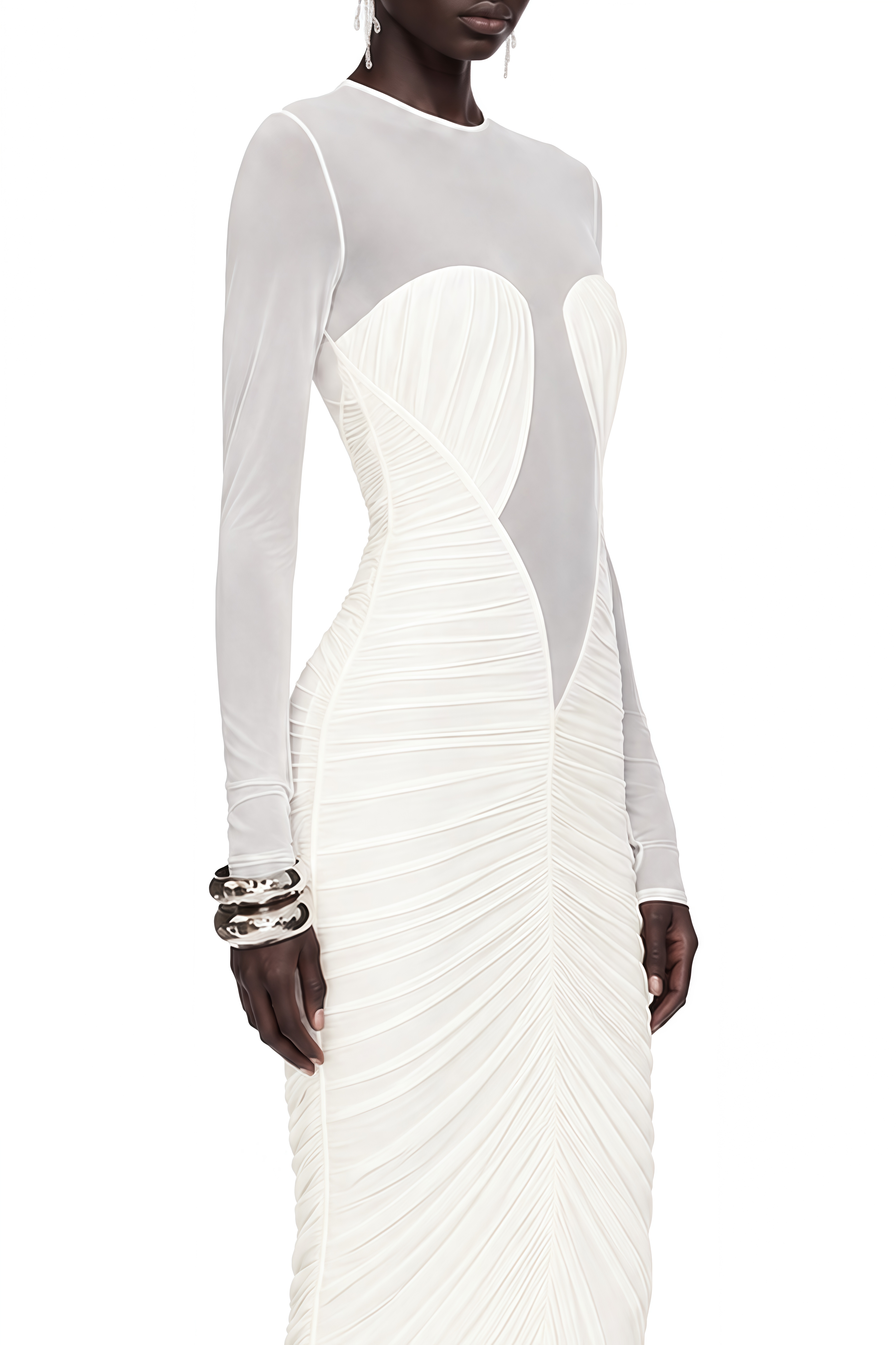 Estelle White Long Sleeves Ruched Maxi Dress