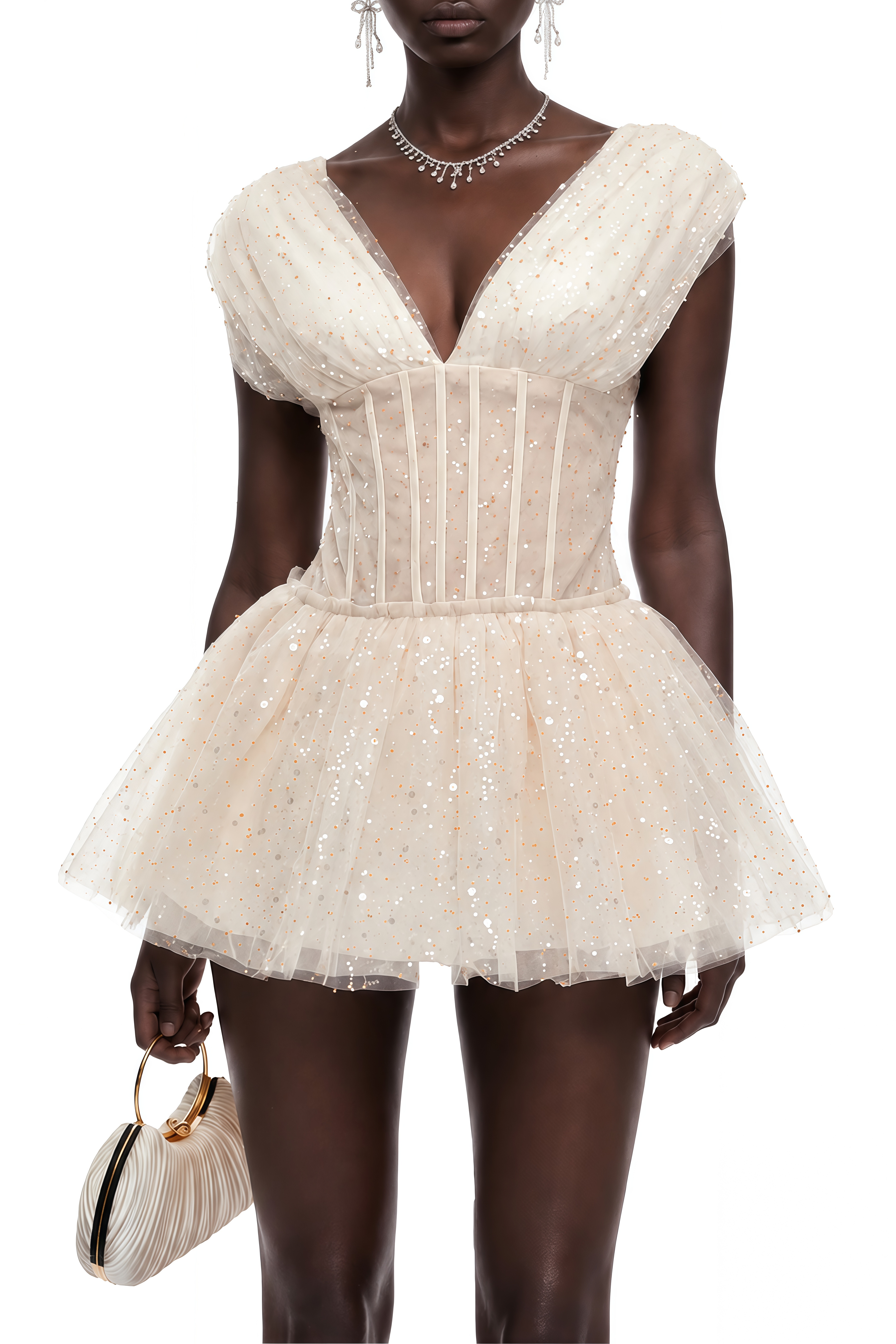 Catherine Neutral Sequin Ruched Mini Dress