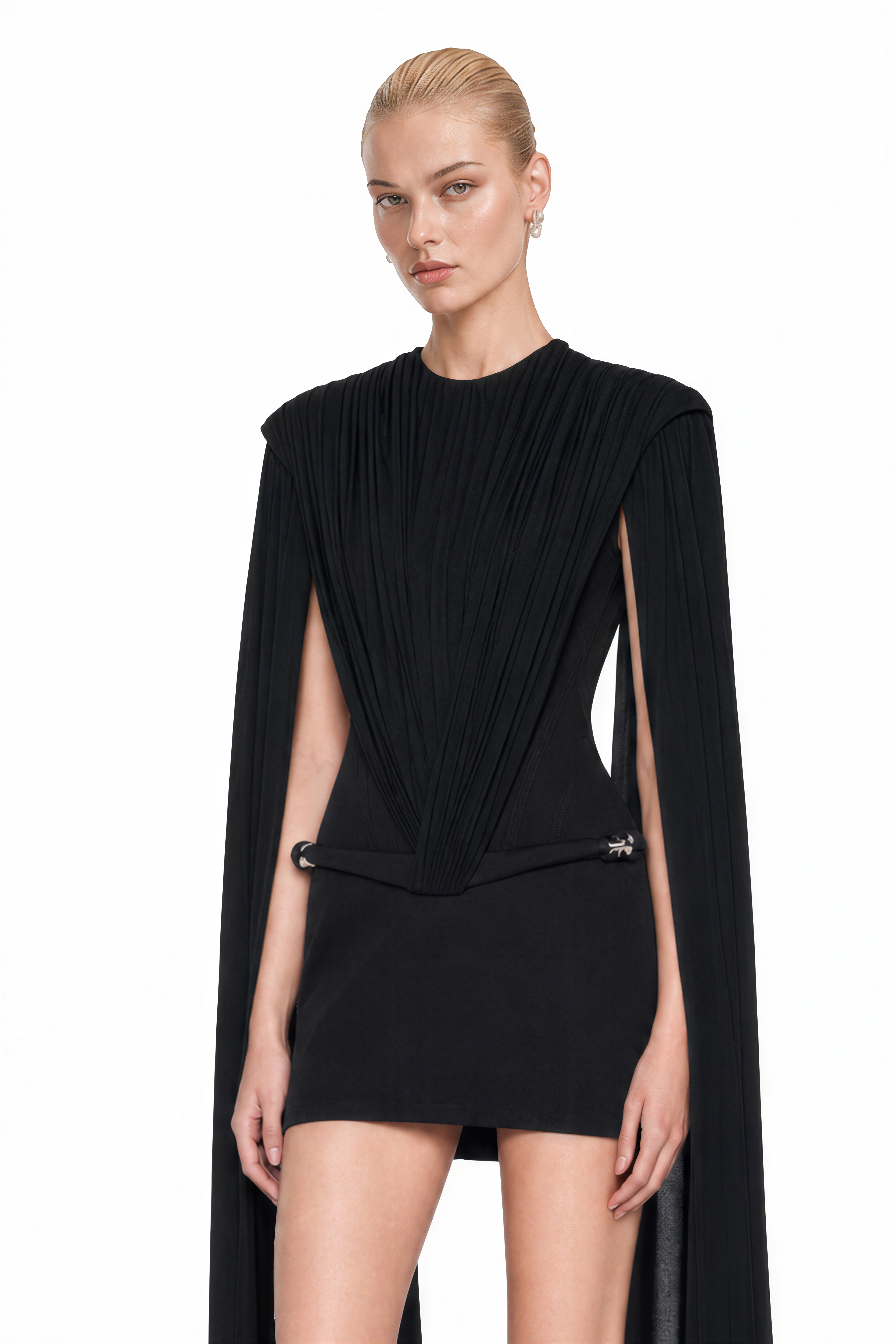 Eleanor Black Draped Shoulder Panels Mini Dress