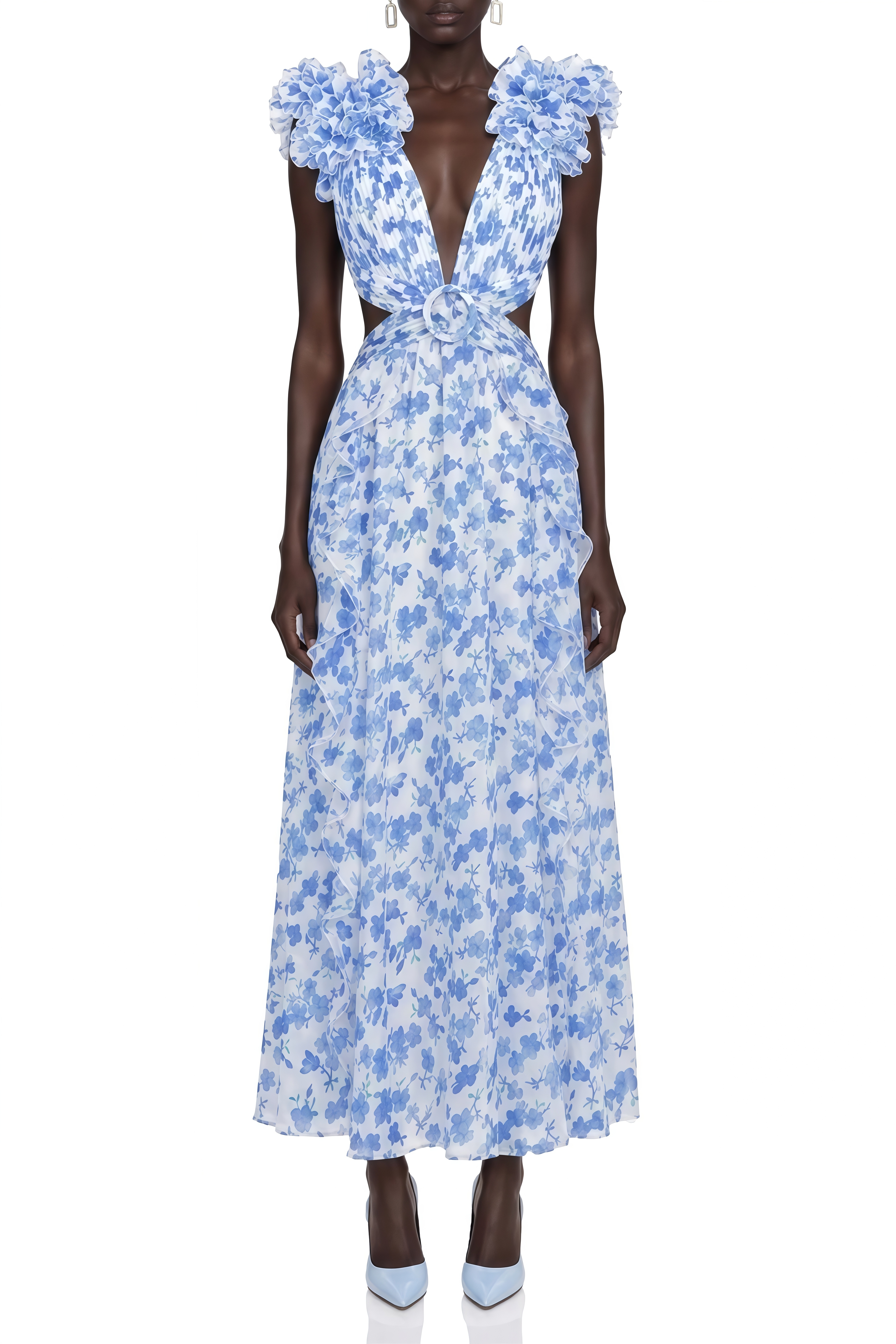 Elara Blue Floral Print Cut-Out Maxi Dress