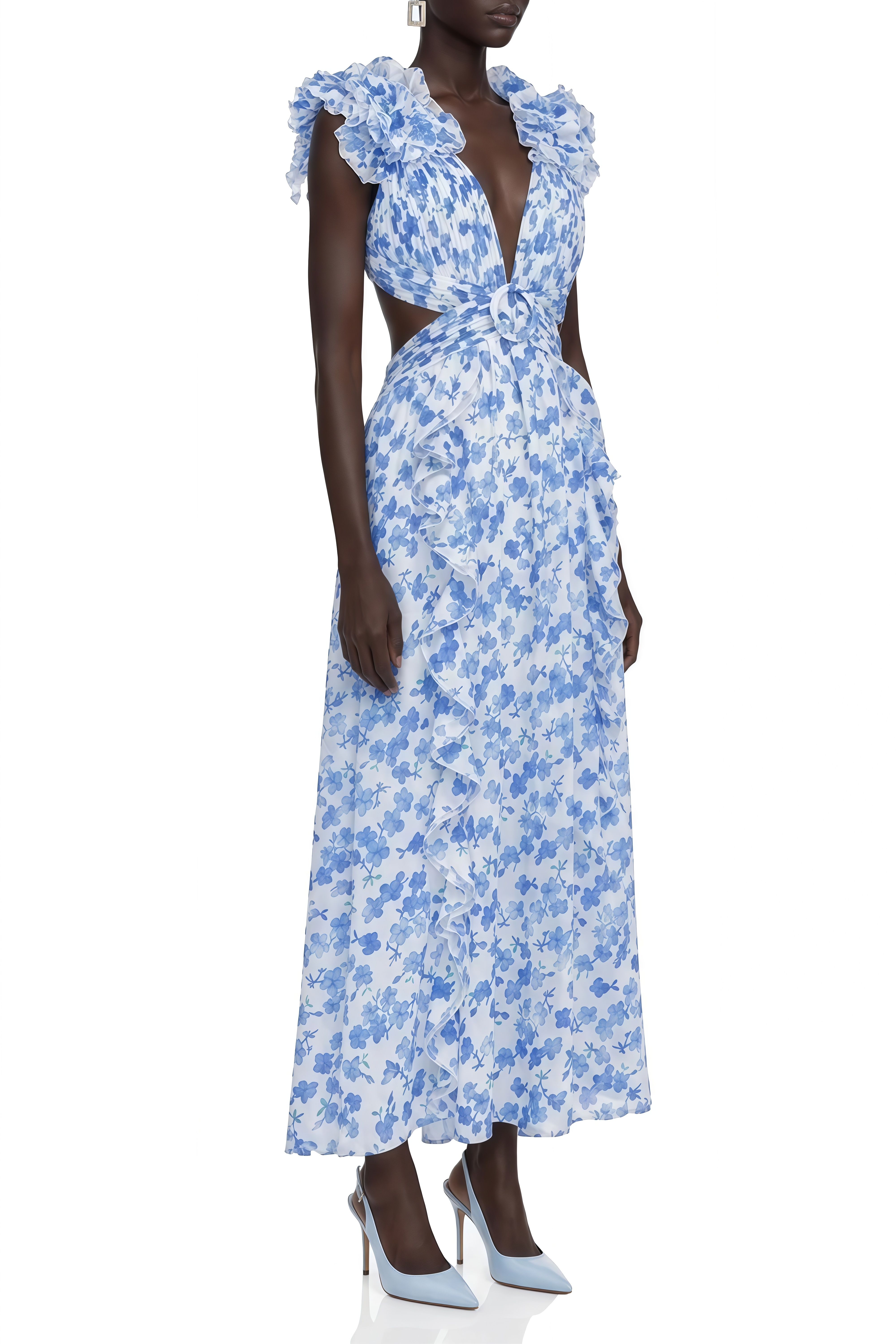 Elara Blue Floral Print Cut-Out Maxi Dress