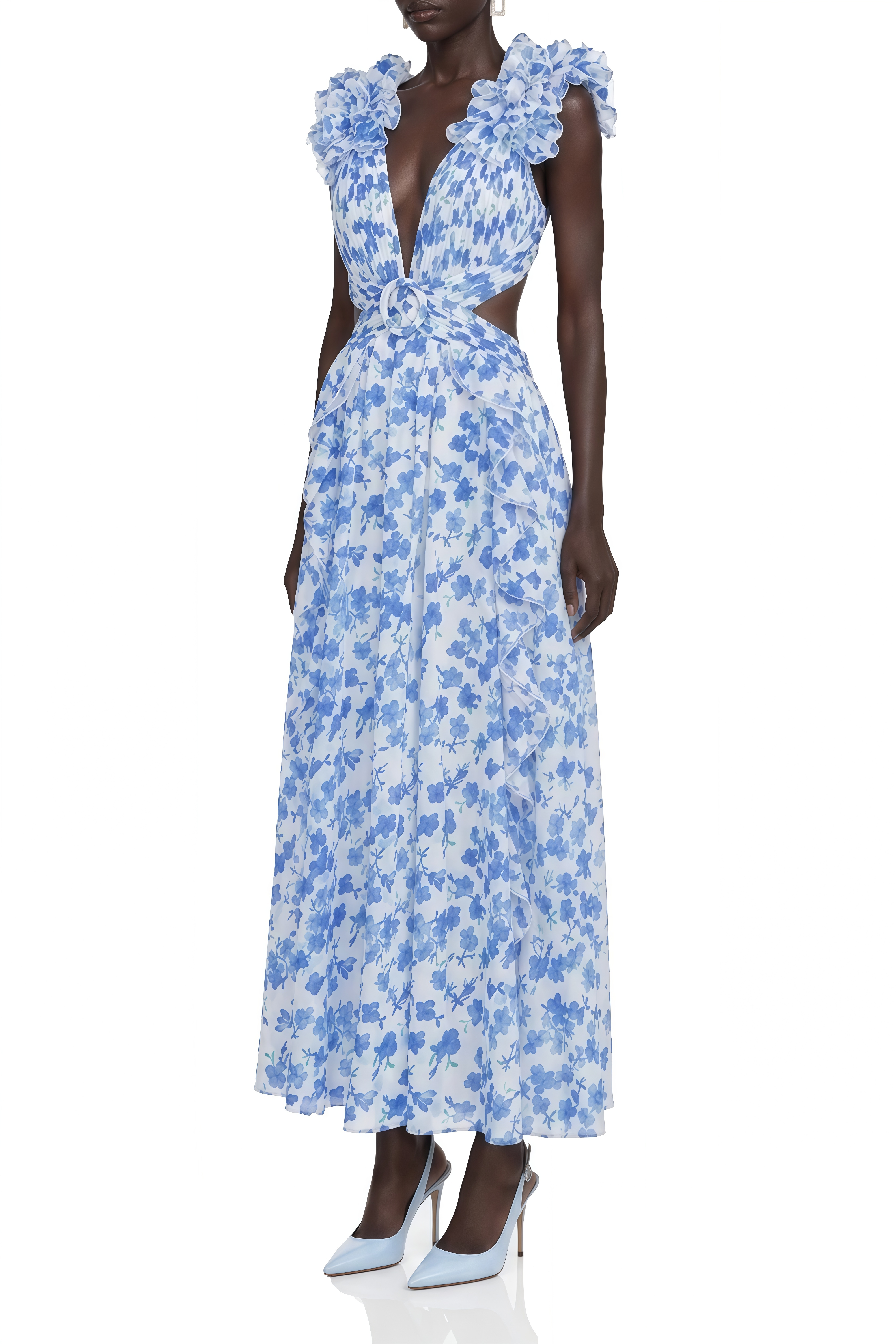 Elara Blue Floral Print Cut-Out Maxi Dress