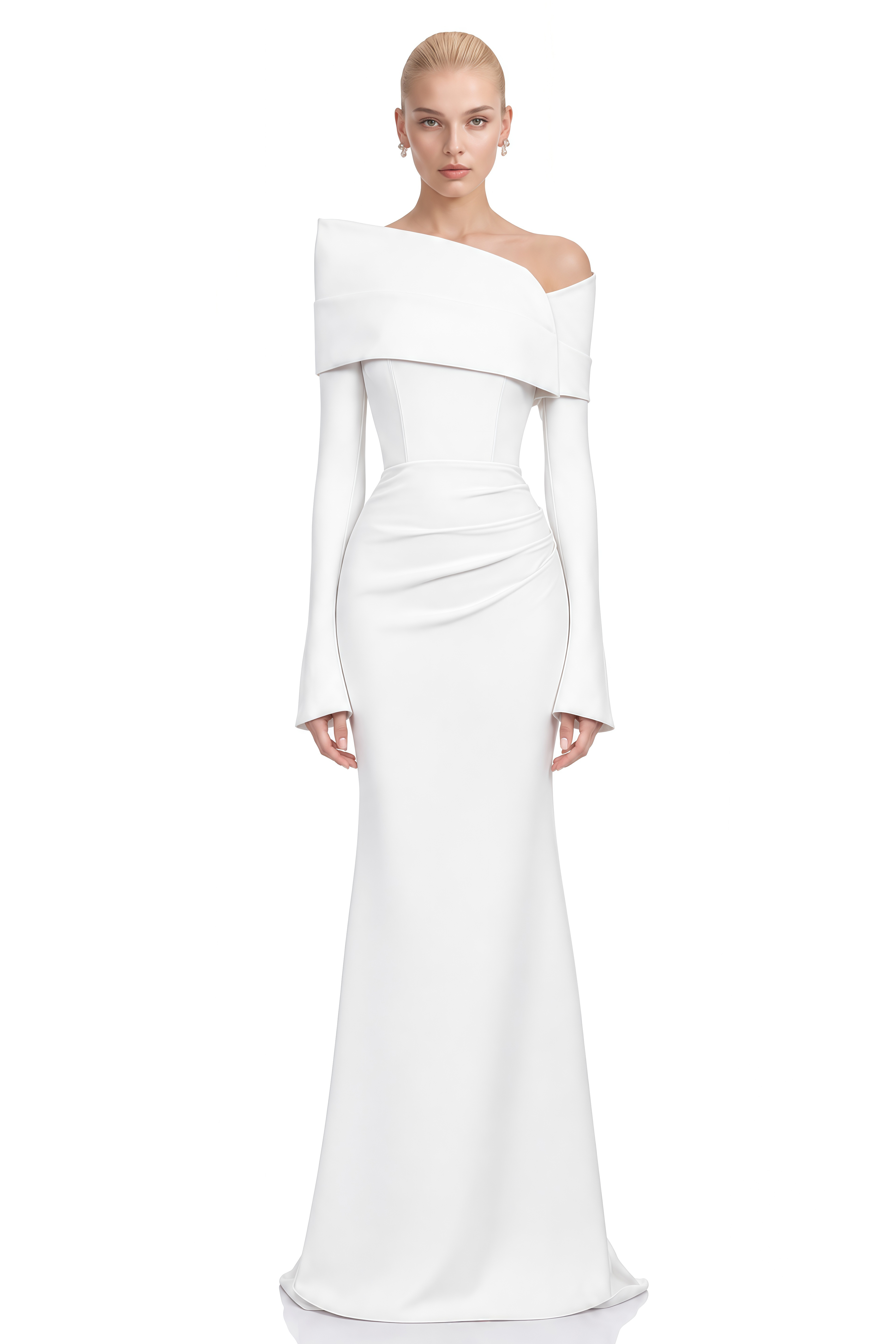 Viola White Long Sleeves Asymmetrical Maxi Dress 