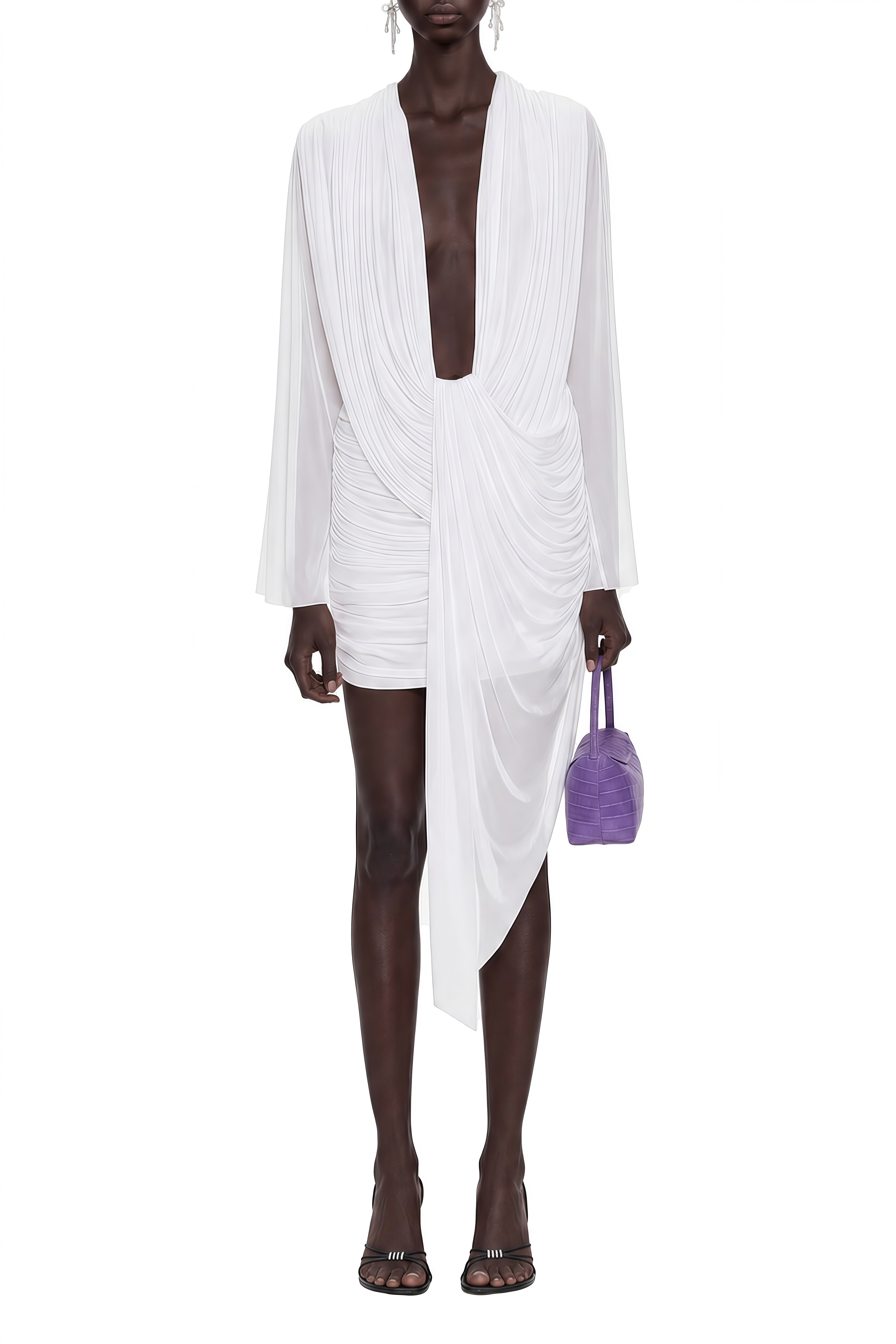 Vesper White Long Sleeves Draped Mini Dress