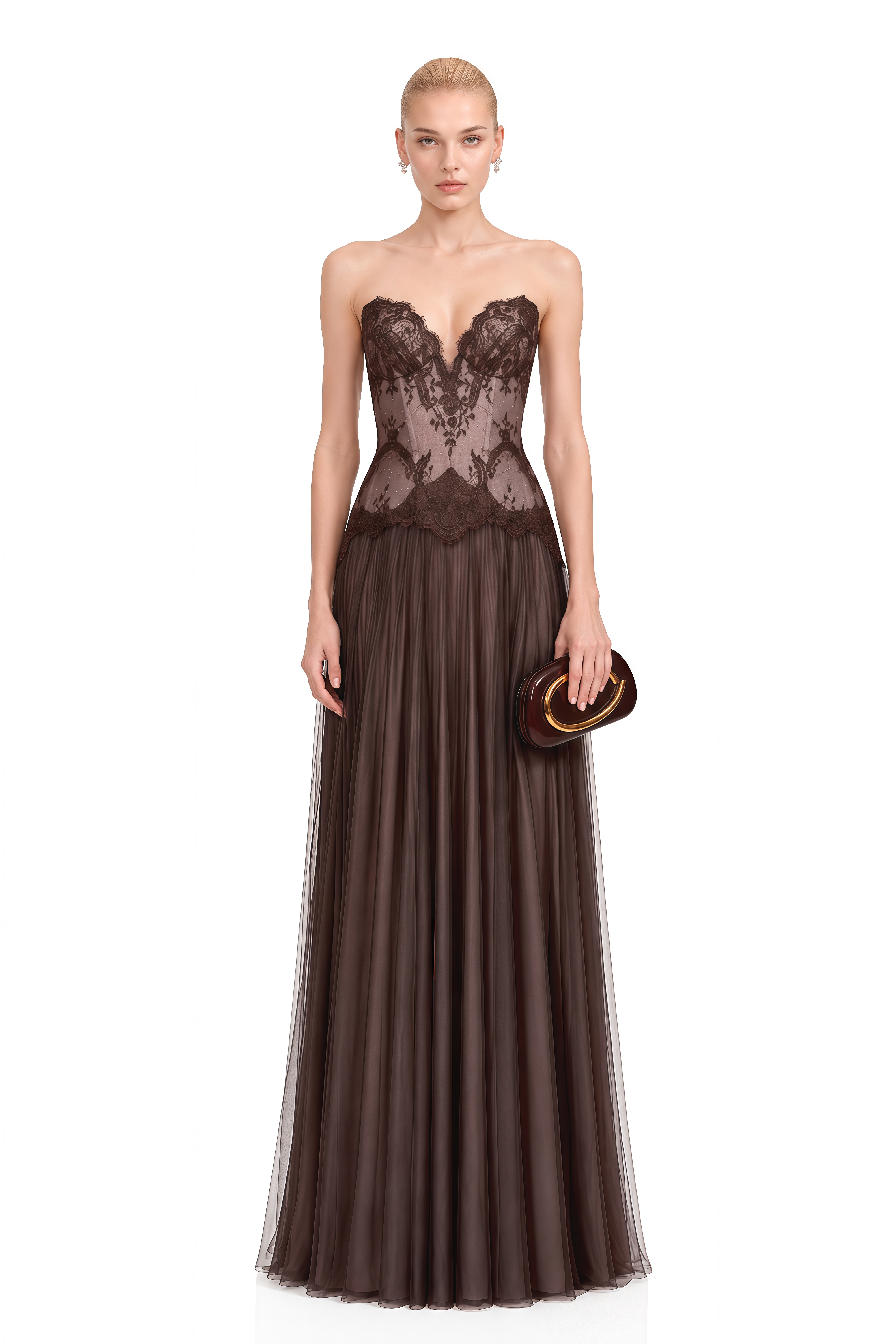 Grace Brown Sweetheart Neck Lace Maxi Dress