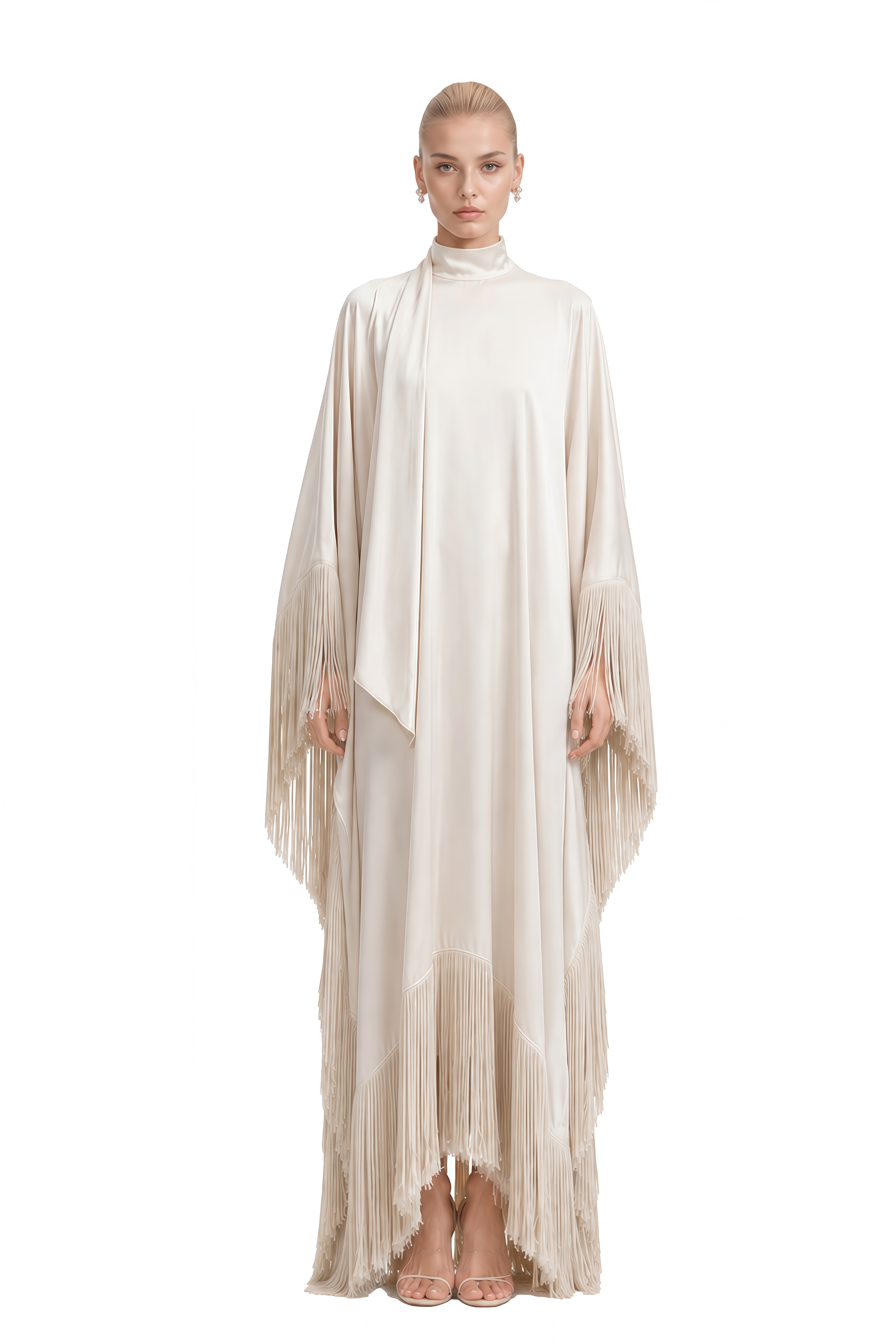 Thalia Ivory Cape Sleeves Fringe Maxi Dress