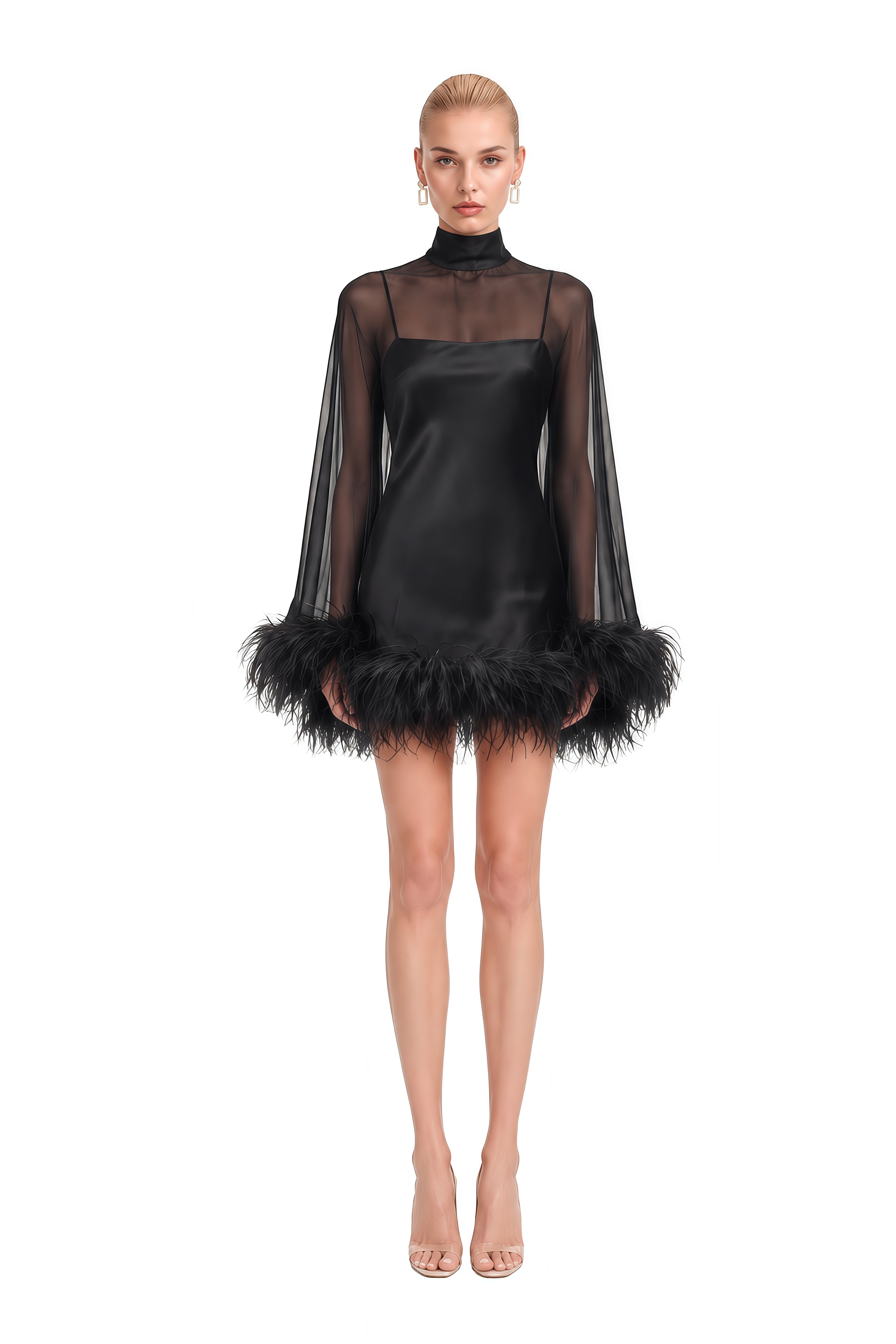 Ivy Black Turtleneck Feather-Trim Mini Dress