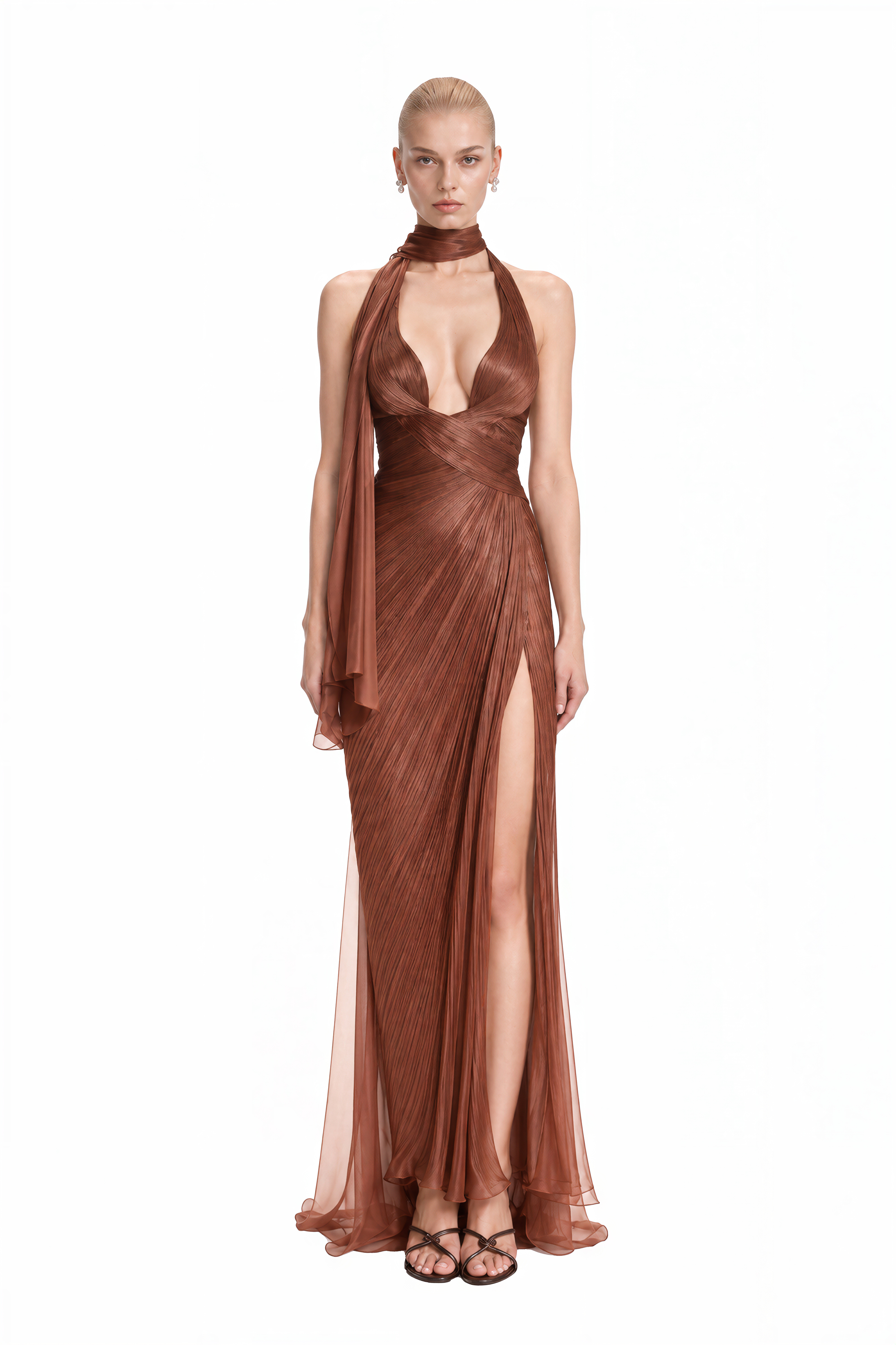 Mireille Brown Halterneck Asymmetrical Maxi Dress