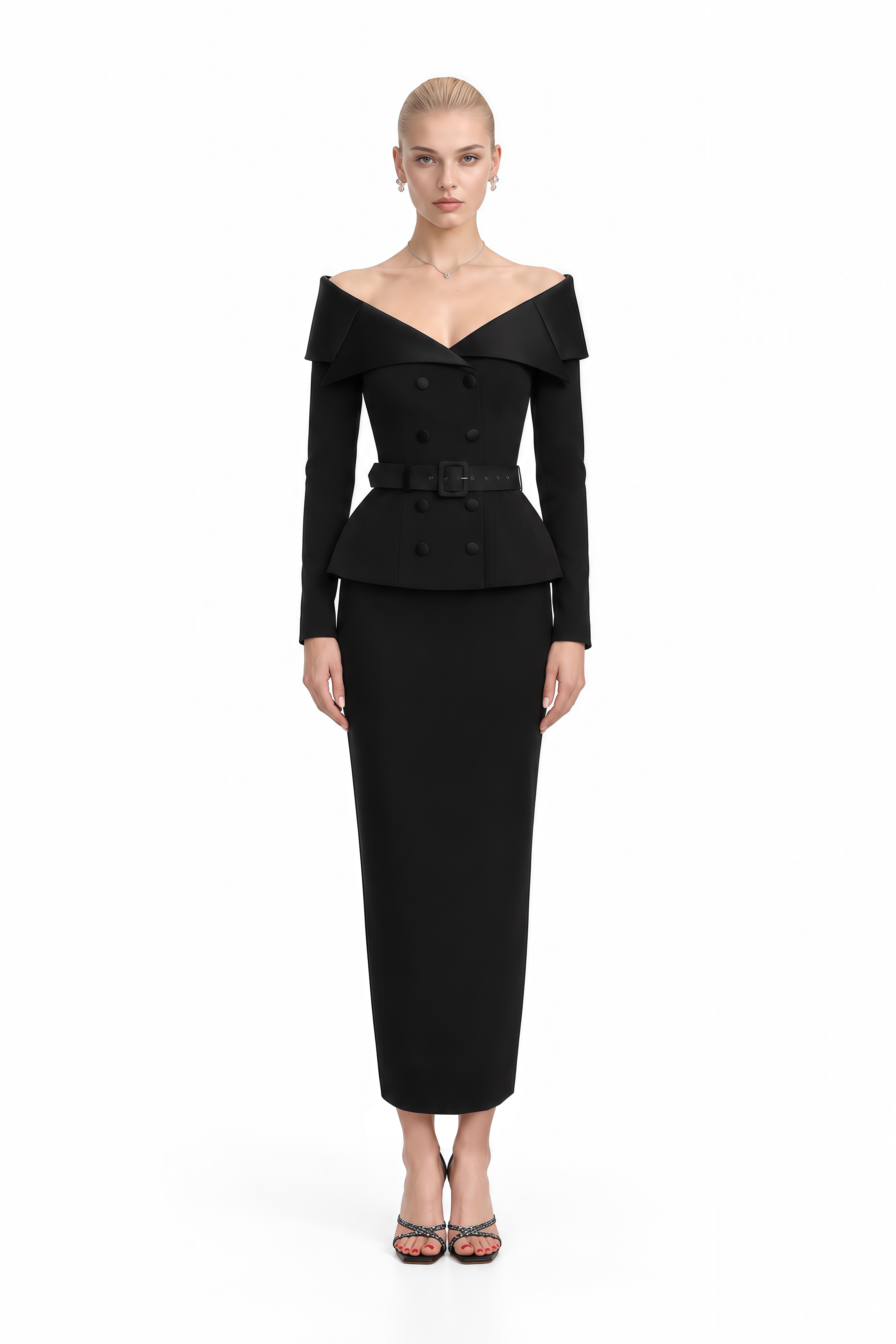Beatrice Black Off Shoulder Belted Top & Skirt Set