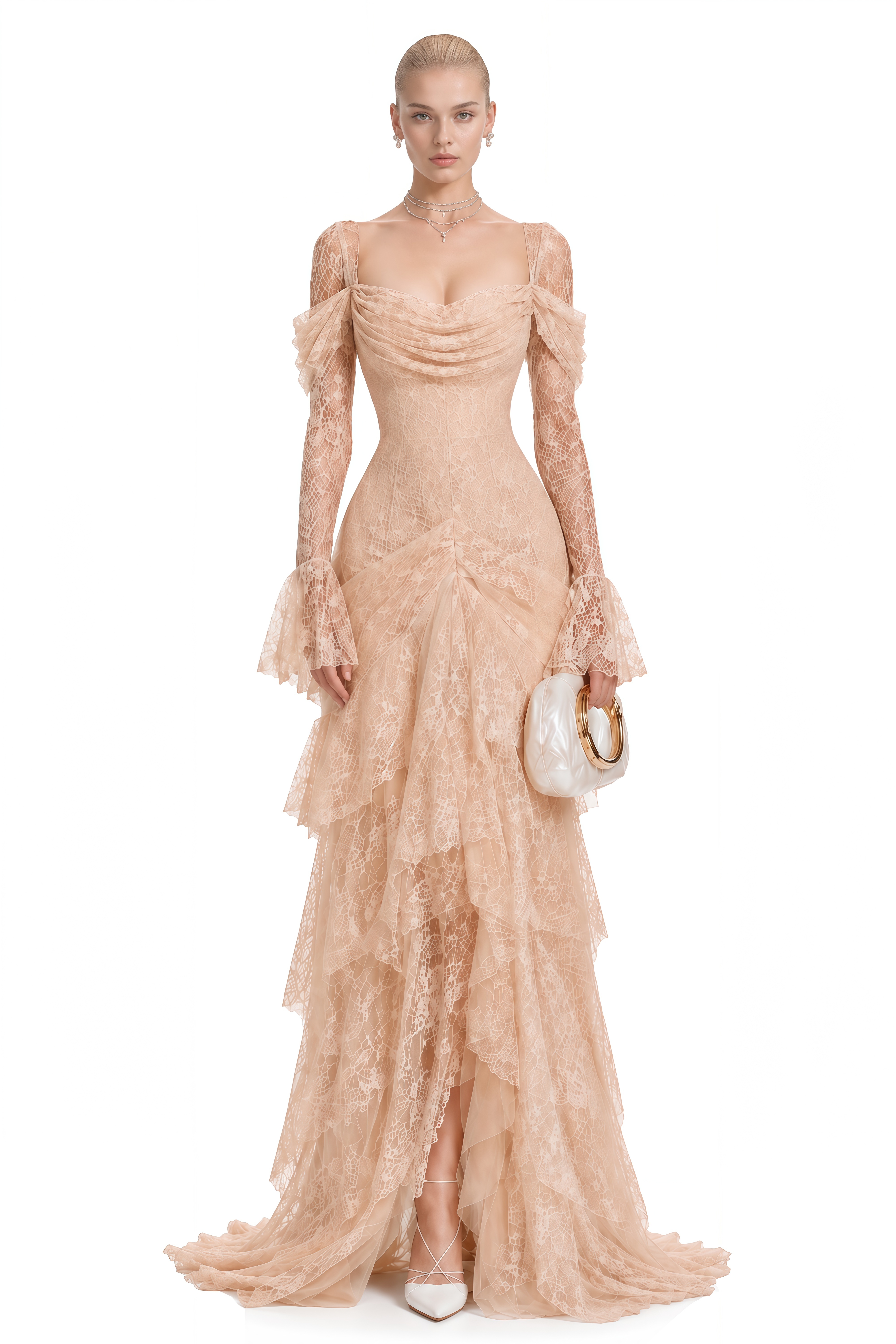 Viola Neutral Long Sleeves Lace Maxi Dress