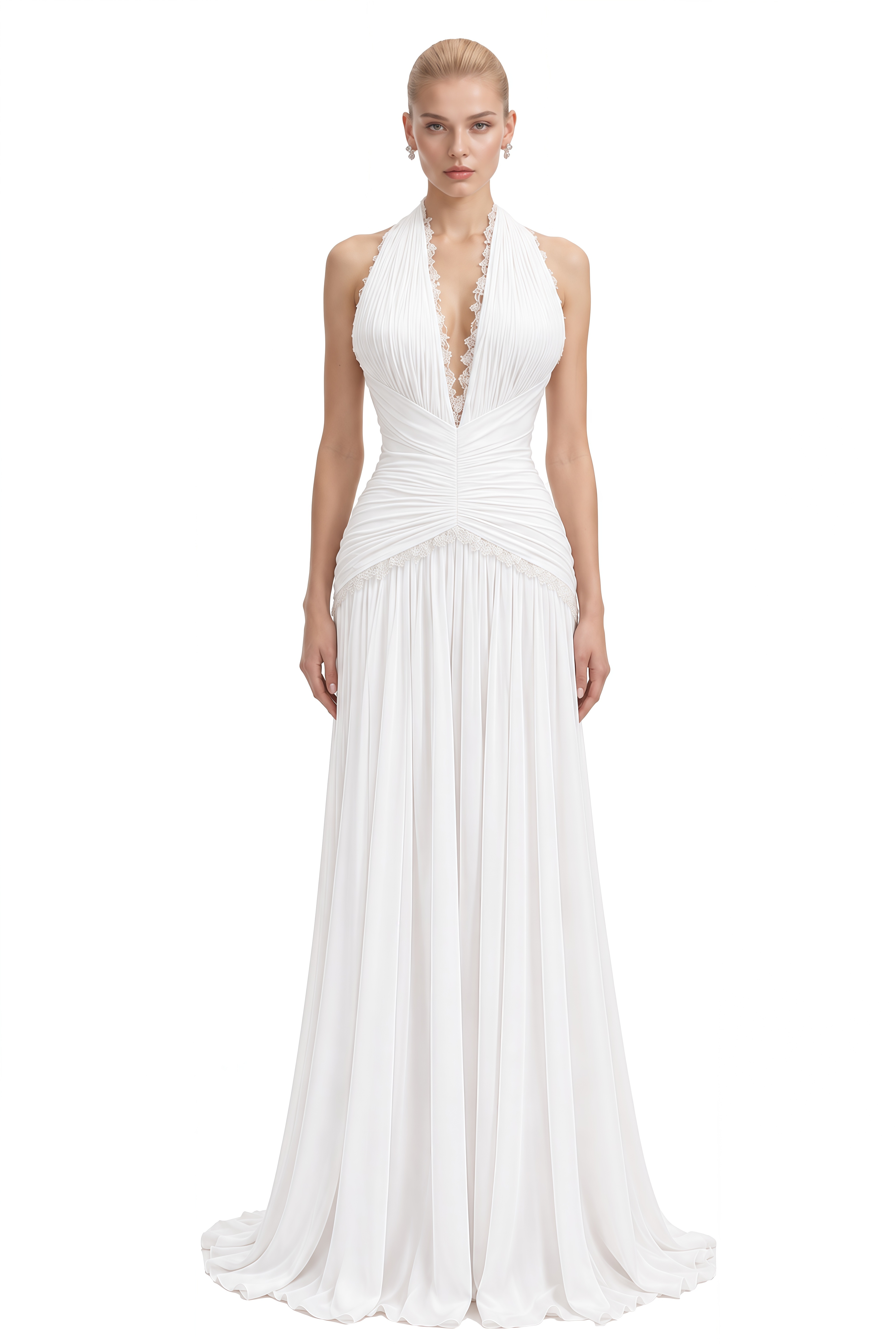 Diana White Halterneck Ruched Maxi Dress