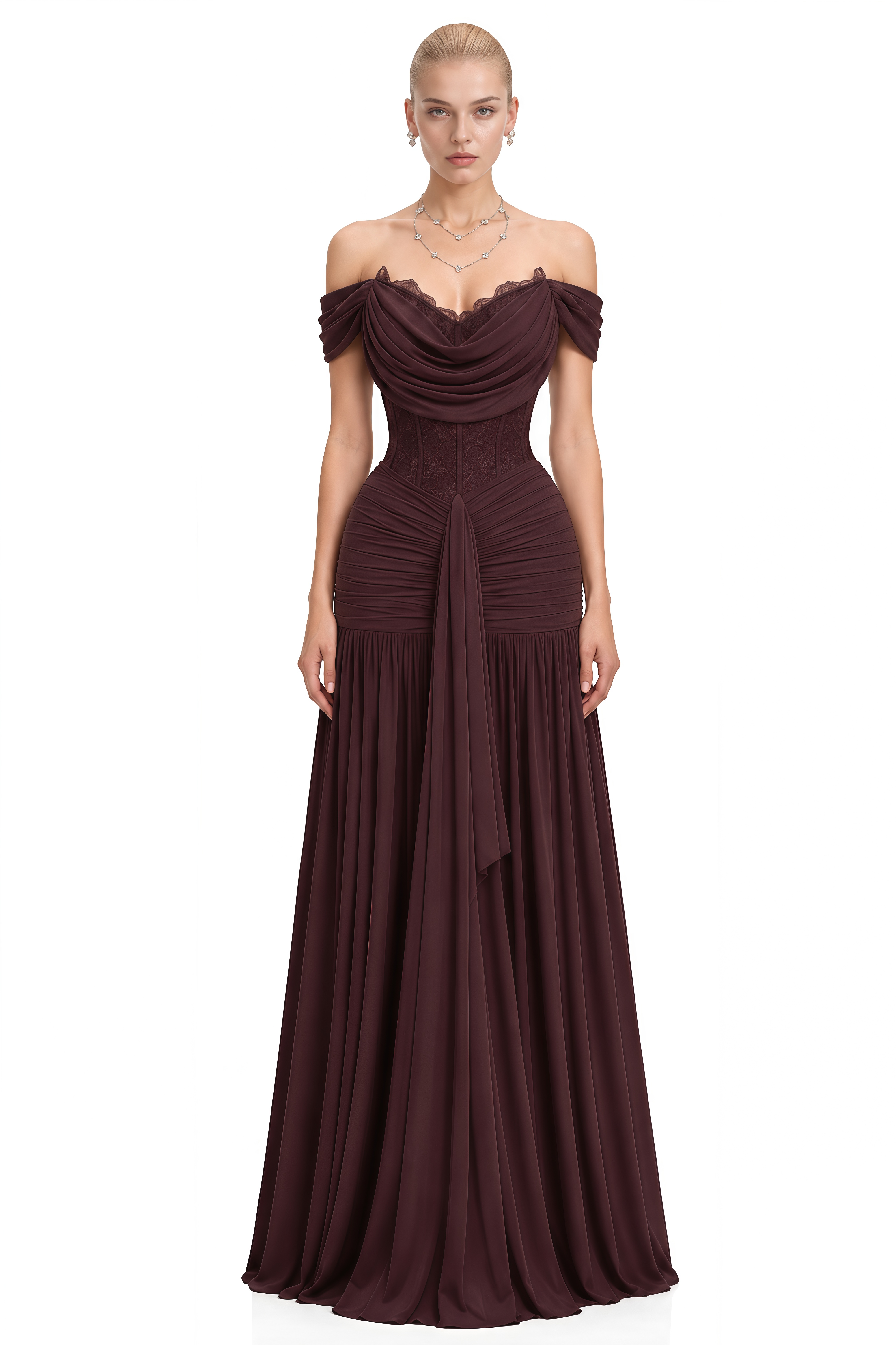 Portia Dark Brown Off Shoulder Lace Maxi Dress