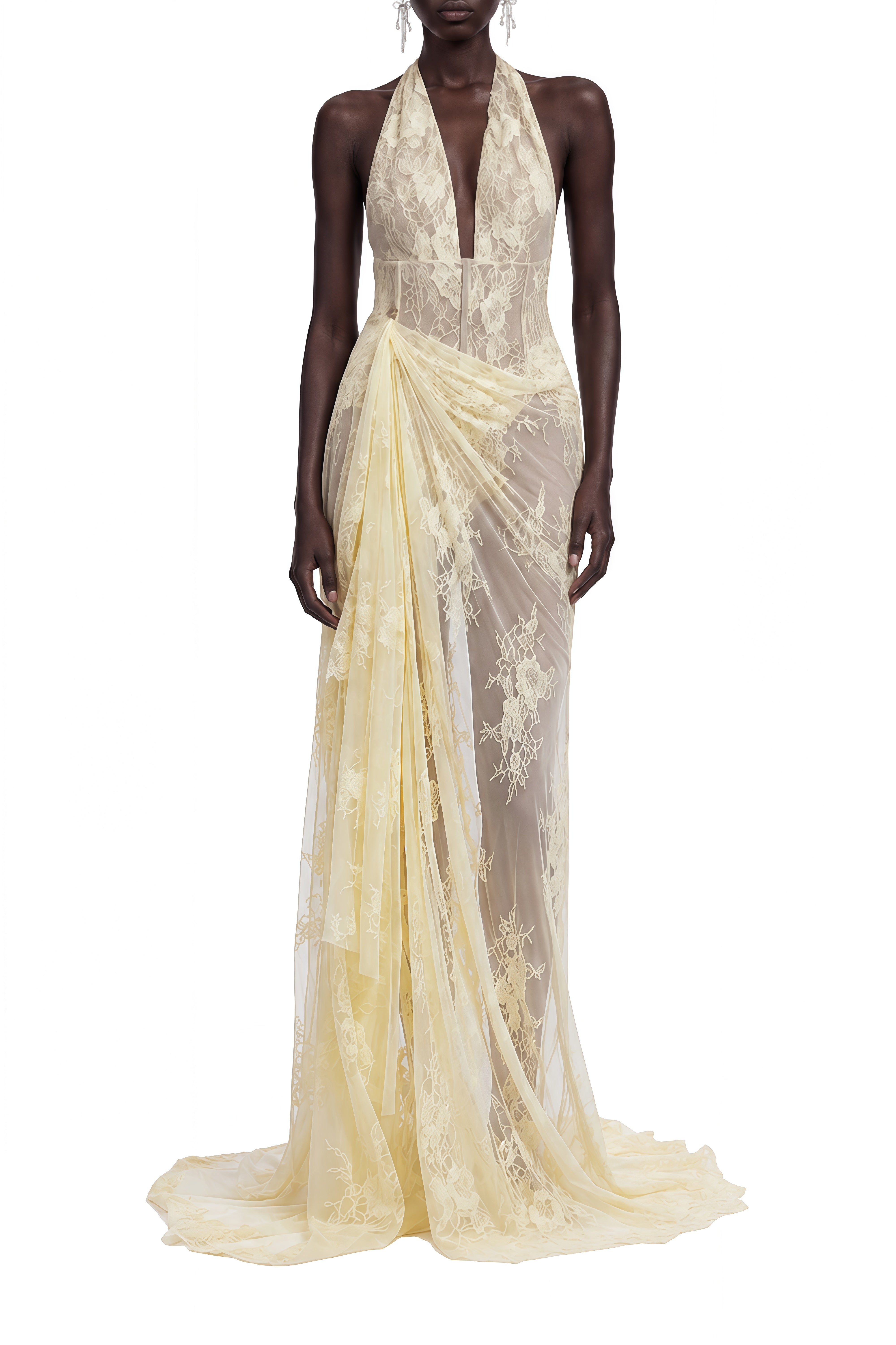 Linnea Yellow Halterneck Lace Maxi Dress