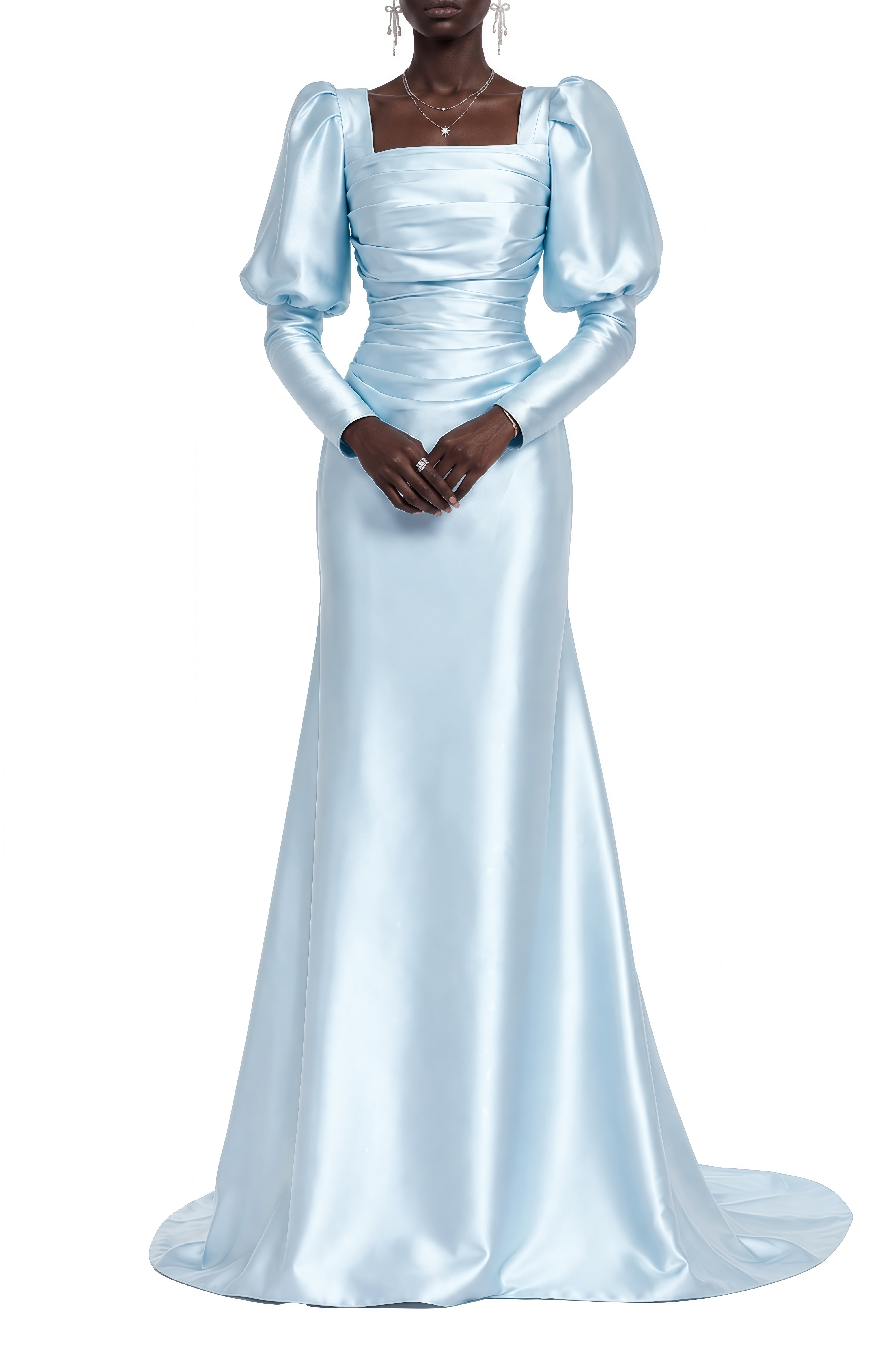 Isolde Blue Long Sleeves Ruched Maxi Dress