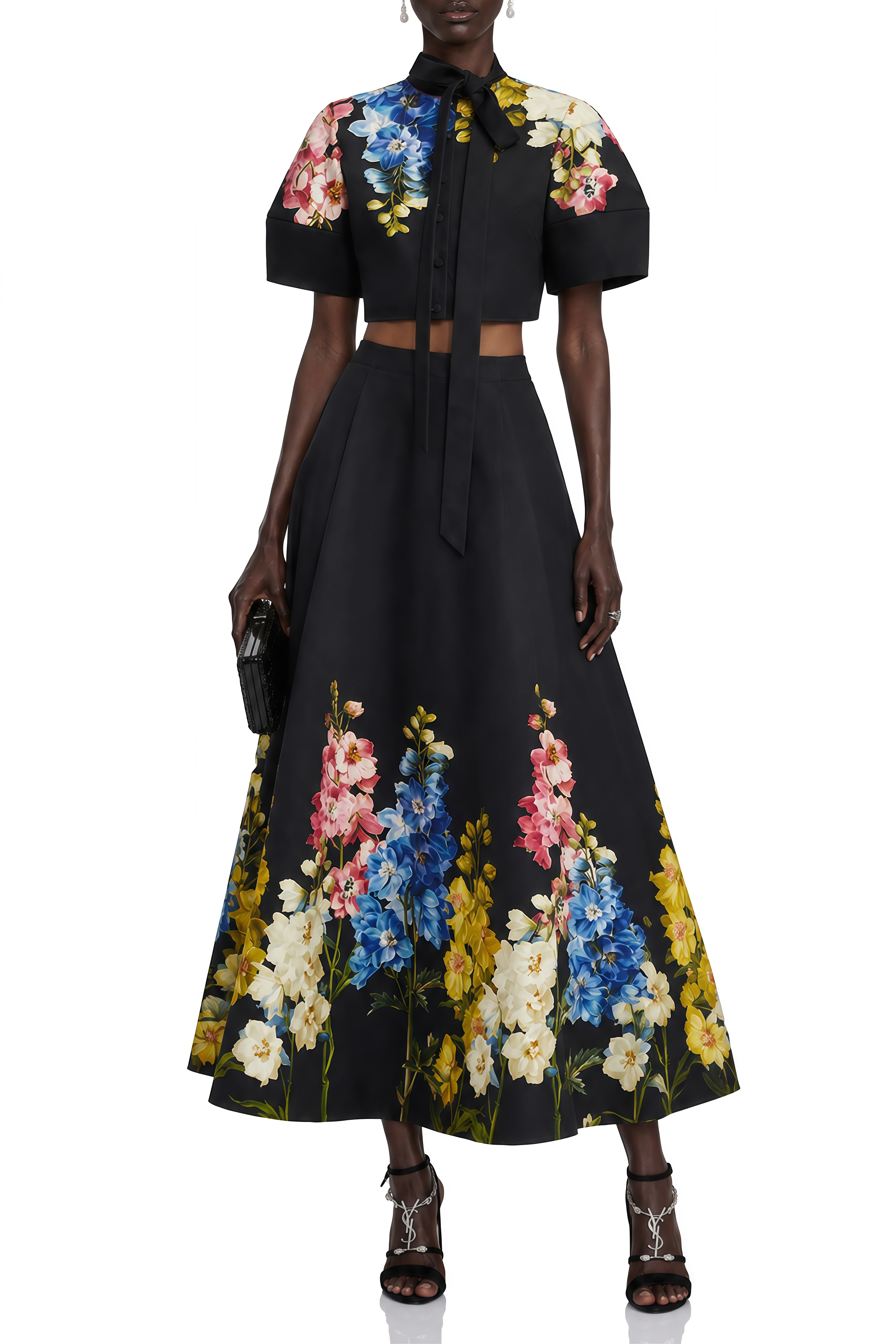 Amara Black Floral Print Turtleneck Top & Skirt Set