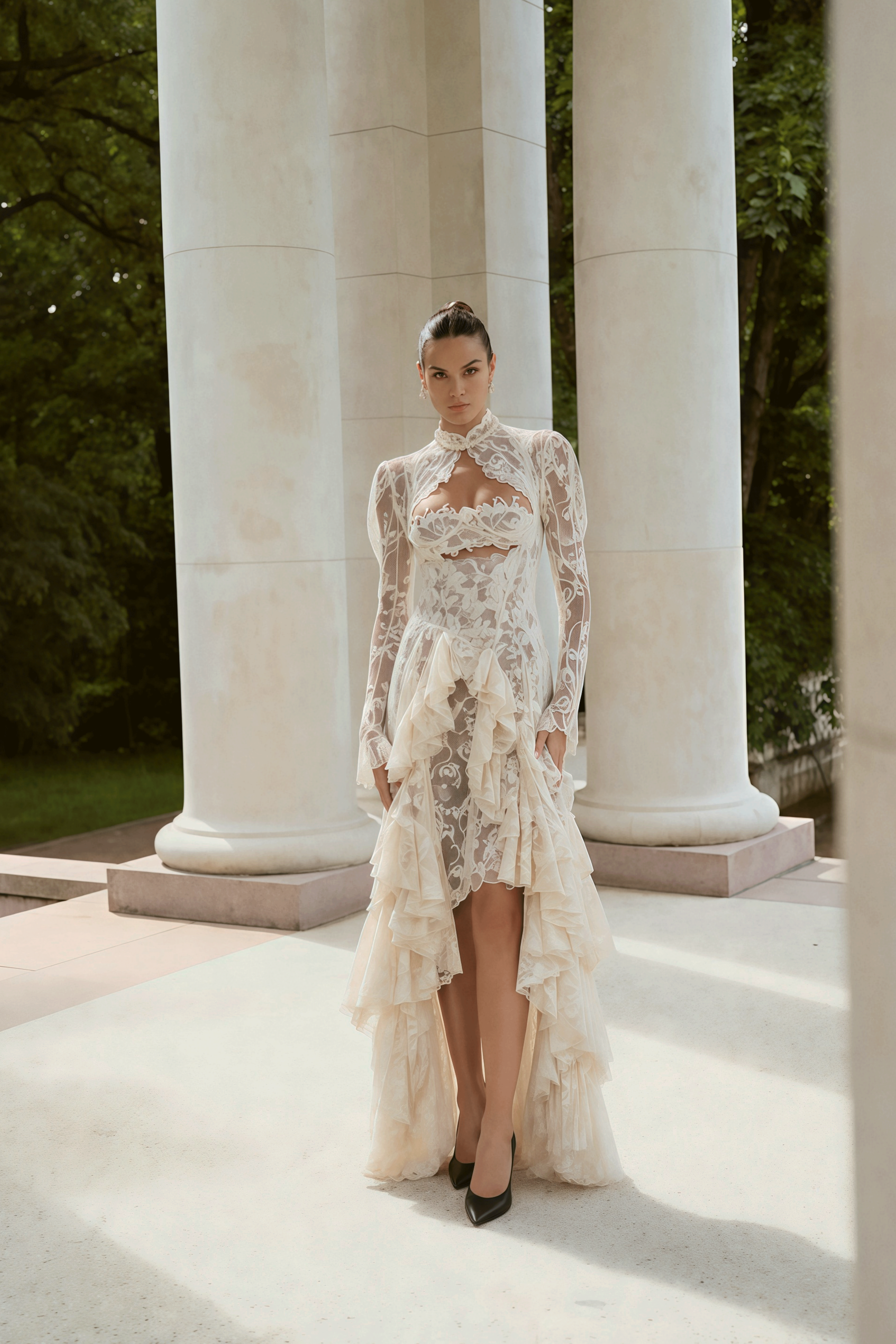 Gladys White Floral Lace Ruffled Midi Dress
