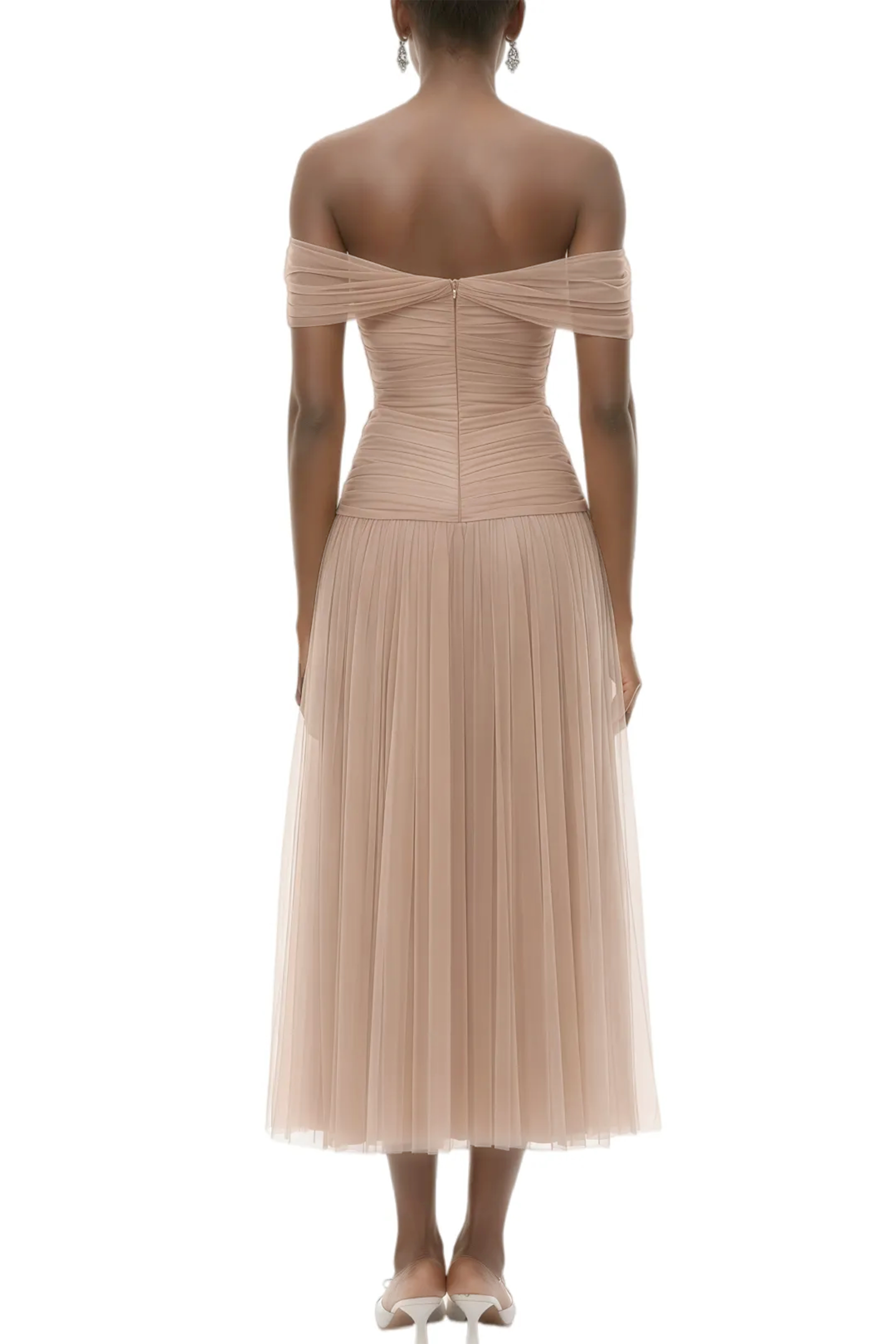 Belle Neutral Off Shoulder Pleated Maxi Dress