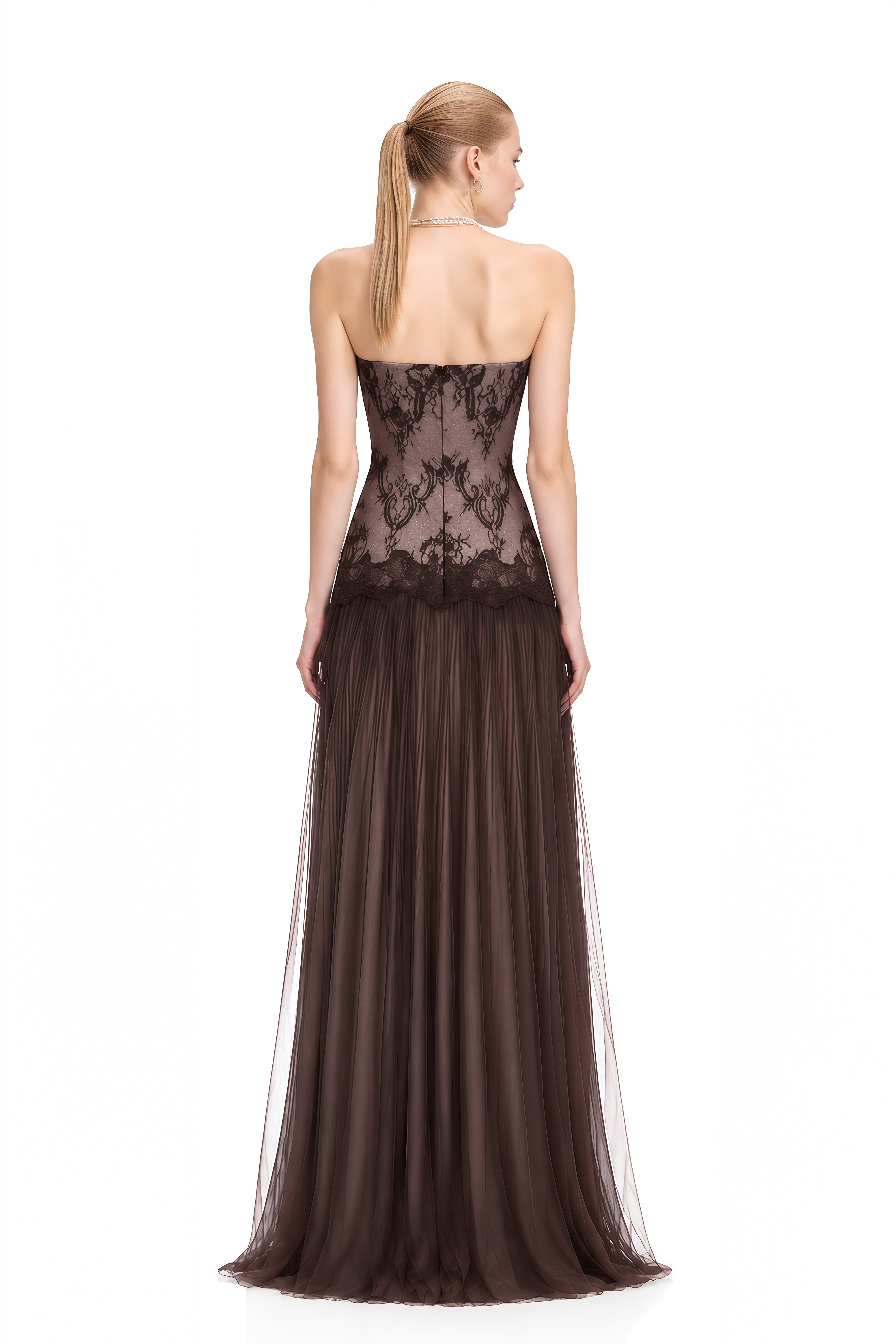 Grace Brown Sweetheart Neck Lace Maxi Dress