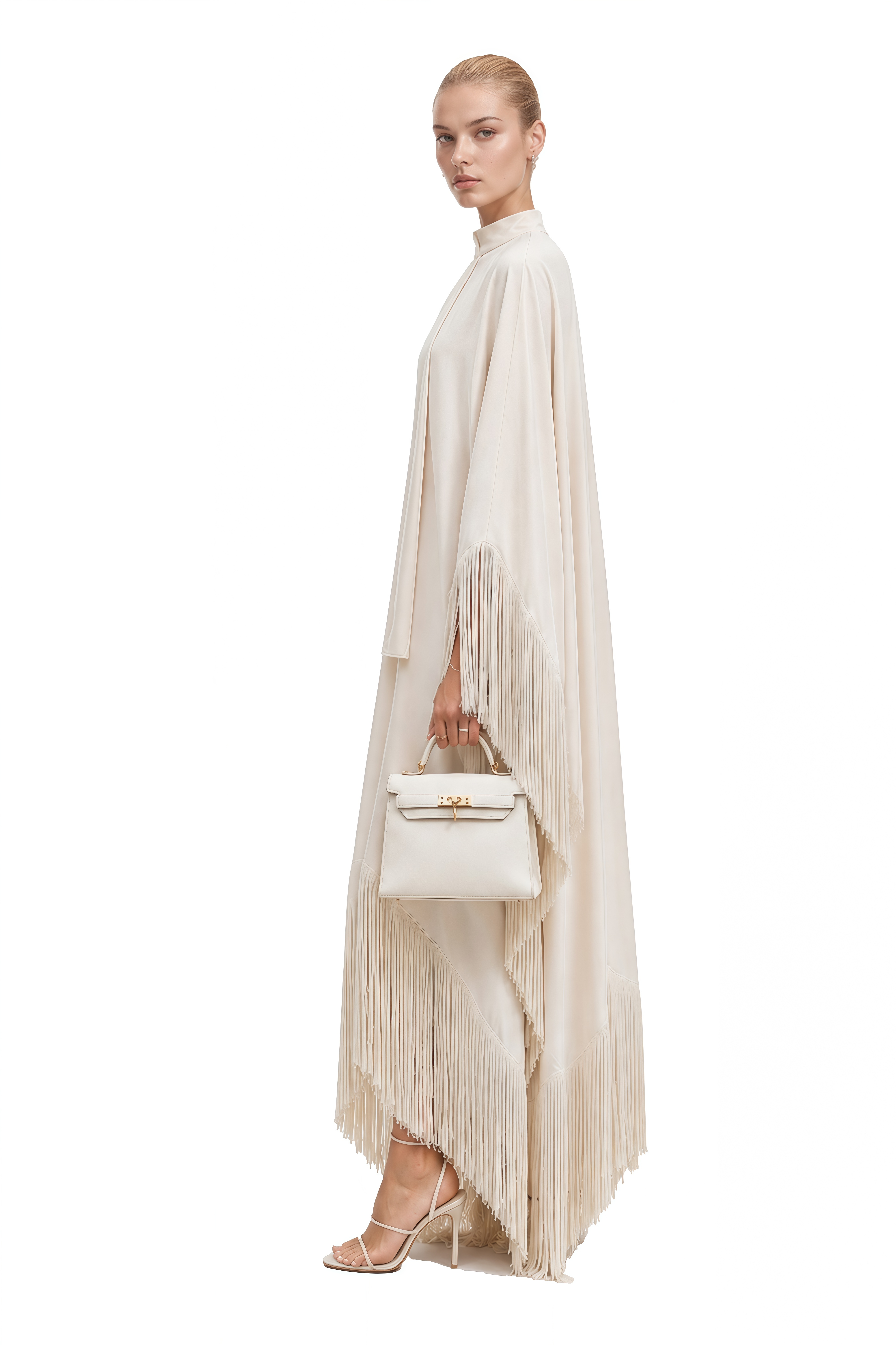 Thalia Ivory Cape Sleeves Fringe Maxi Dress