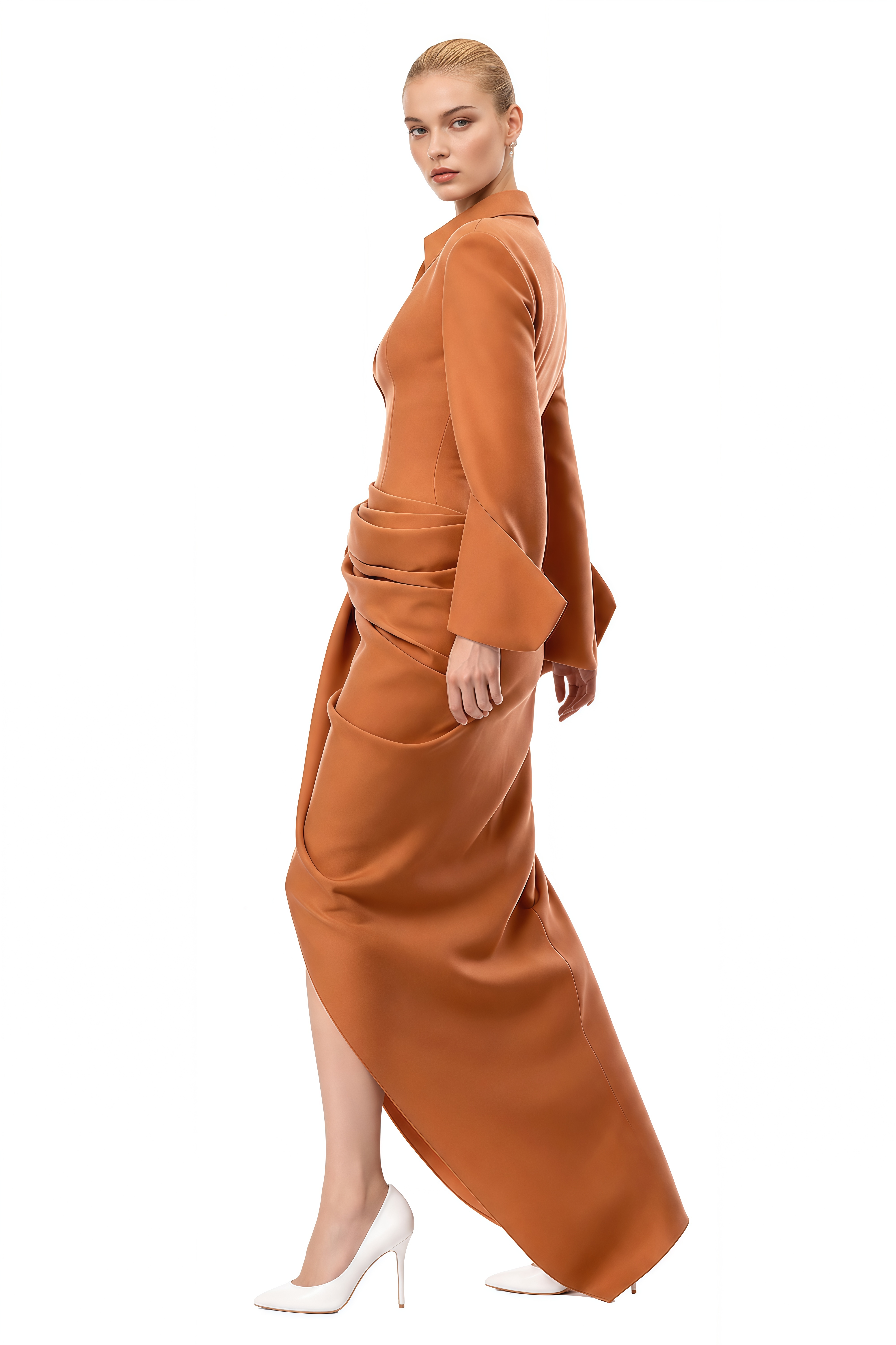 Liora Orange Long Sleeves Asymmetrical Maxi Dress