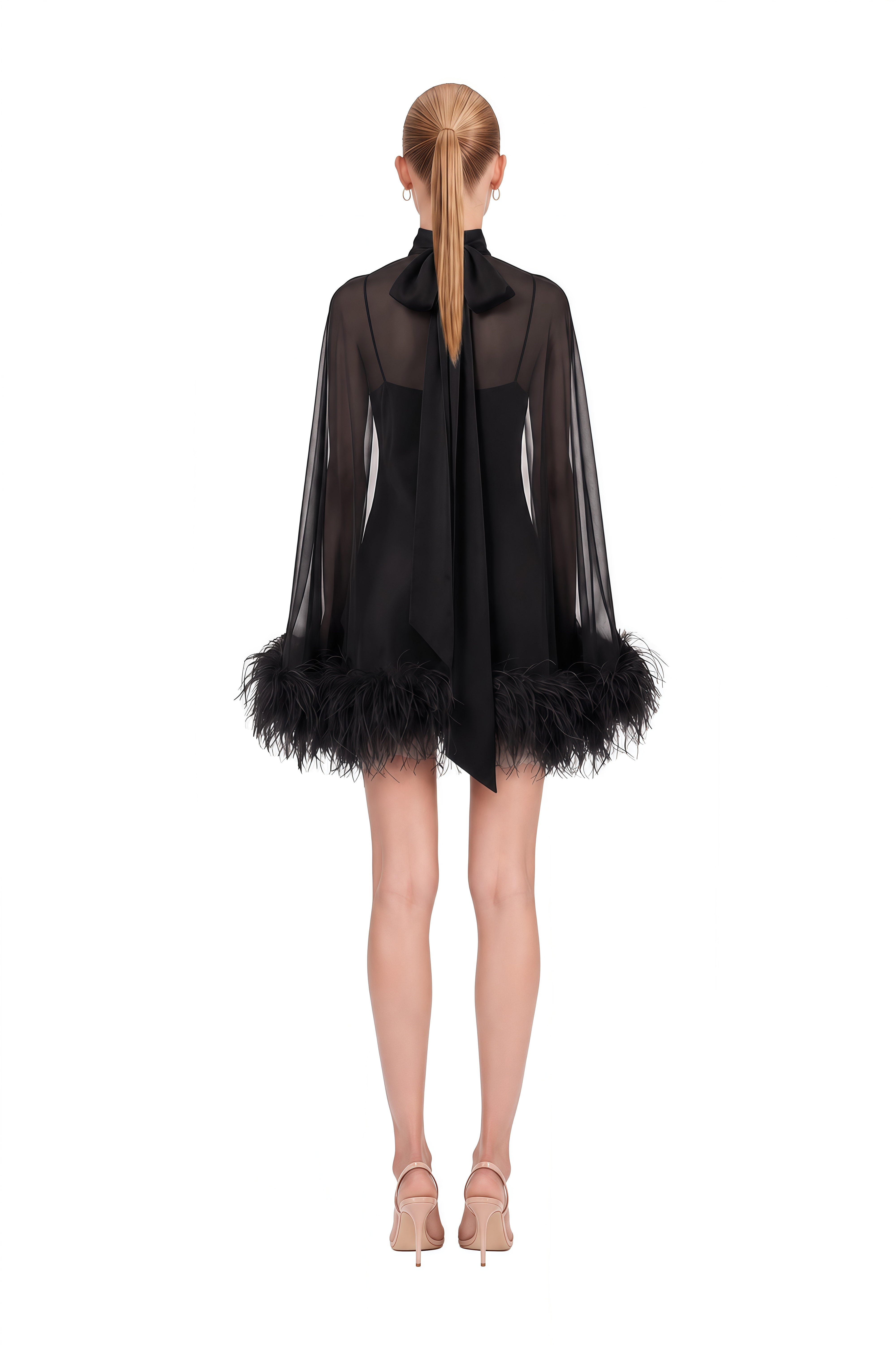 Ivy Black Turtleneck Feather-Trim Mini Dress
