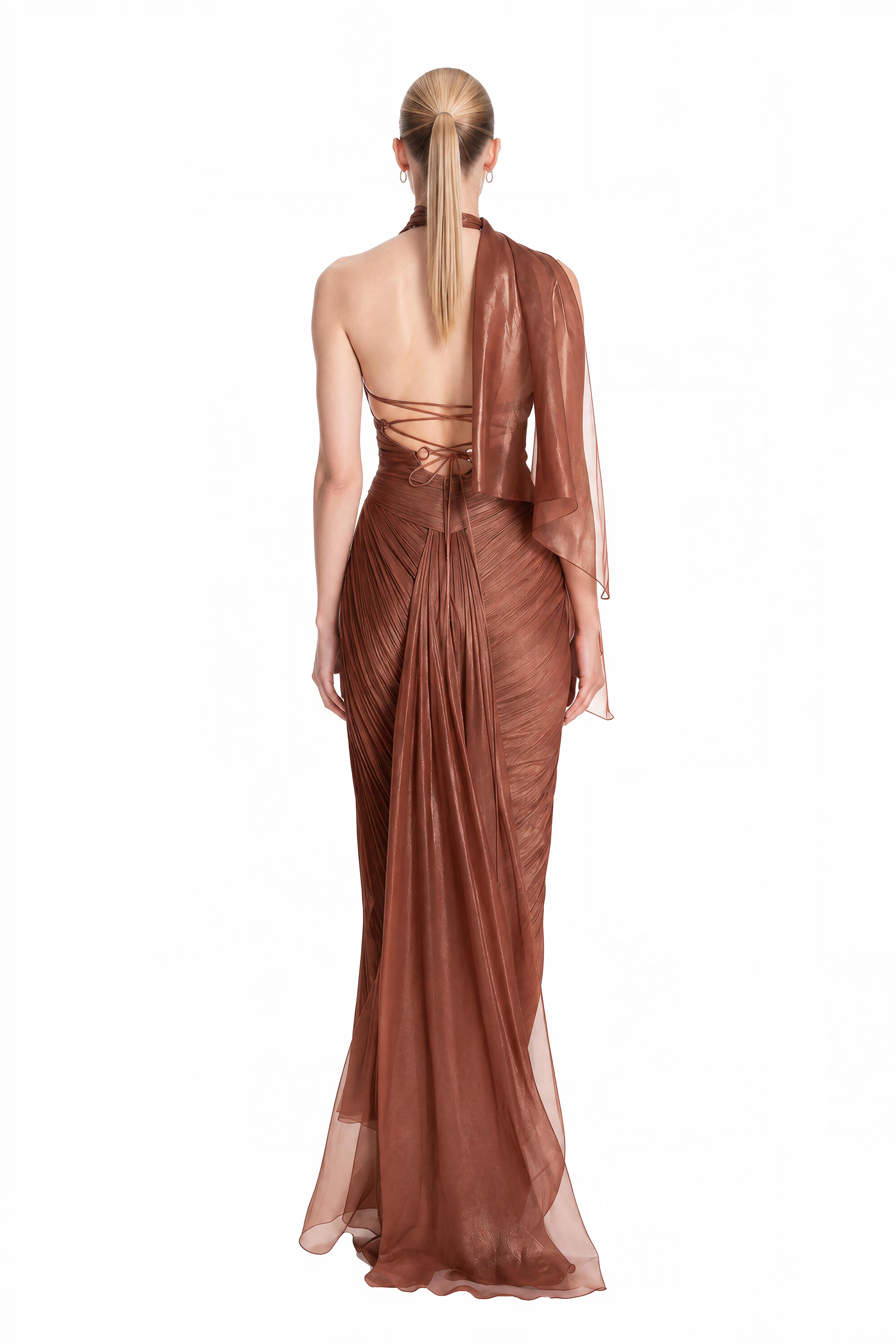 Mireille Brown Halterneck Asymmetrical Maxi Dress