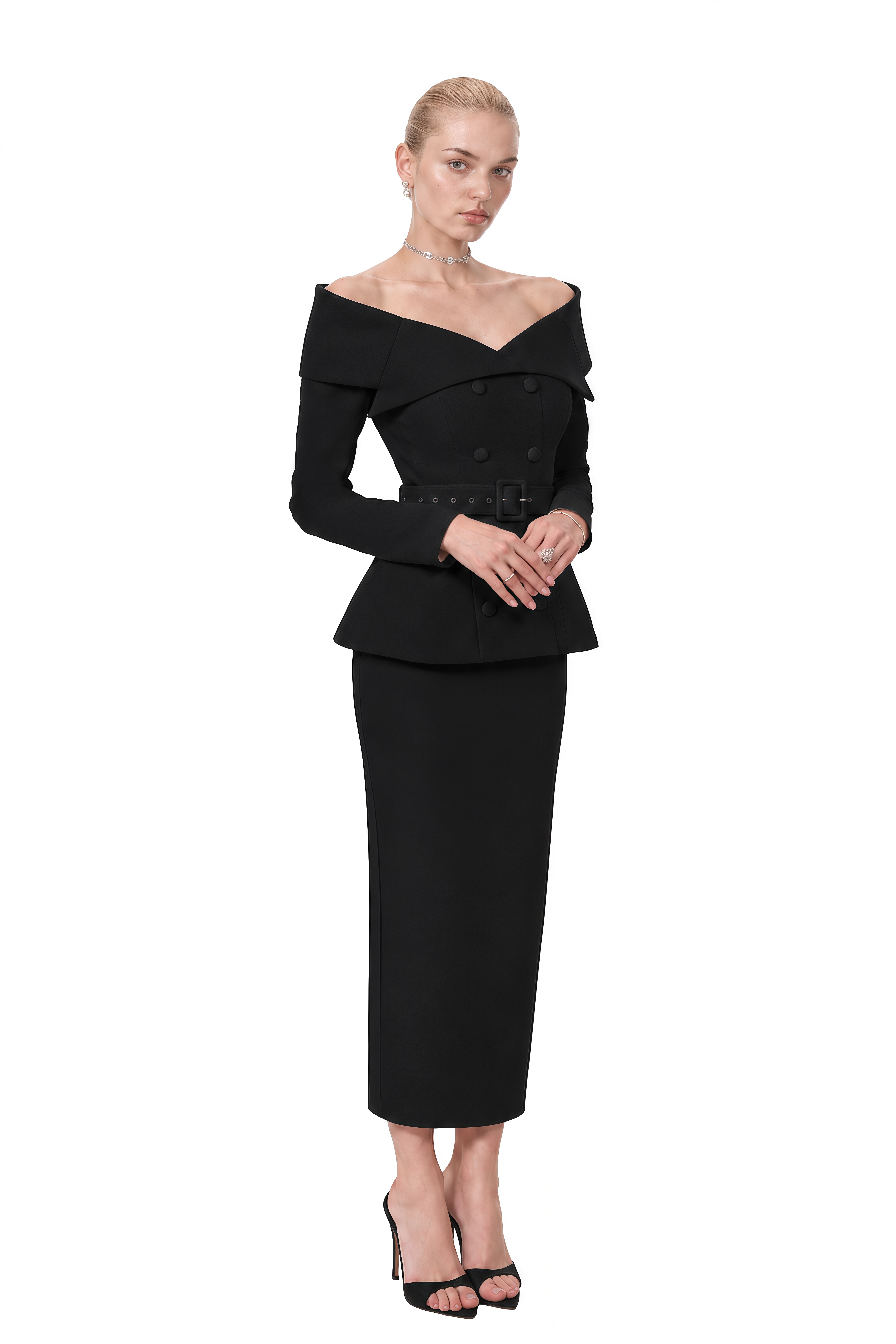 Beatrice Black Off Shoulder Belted Top & Skirt Set