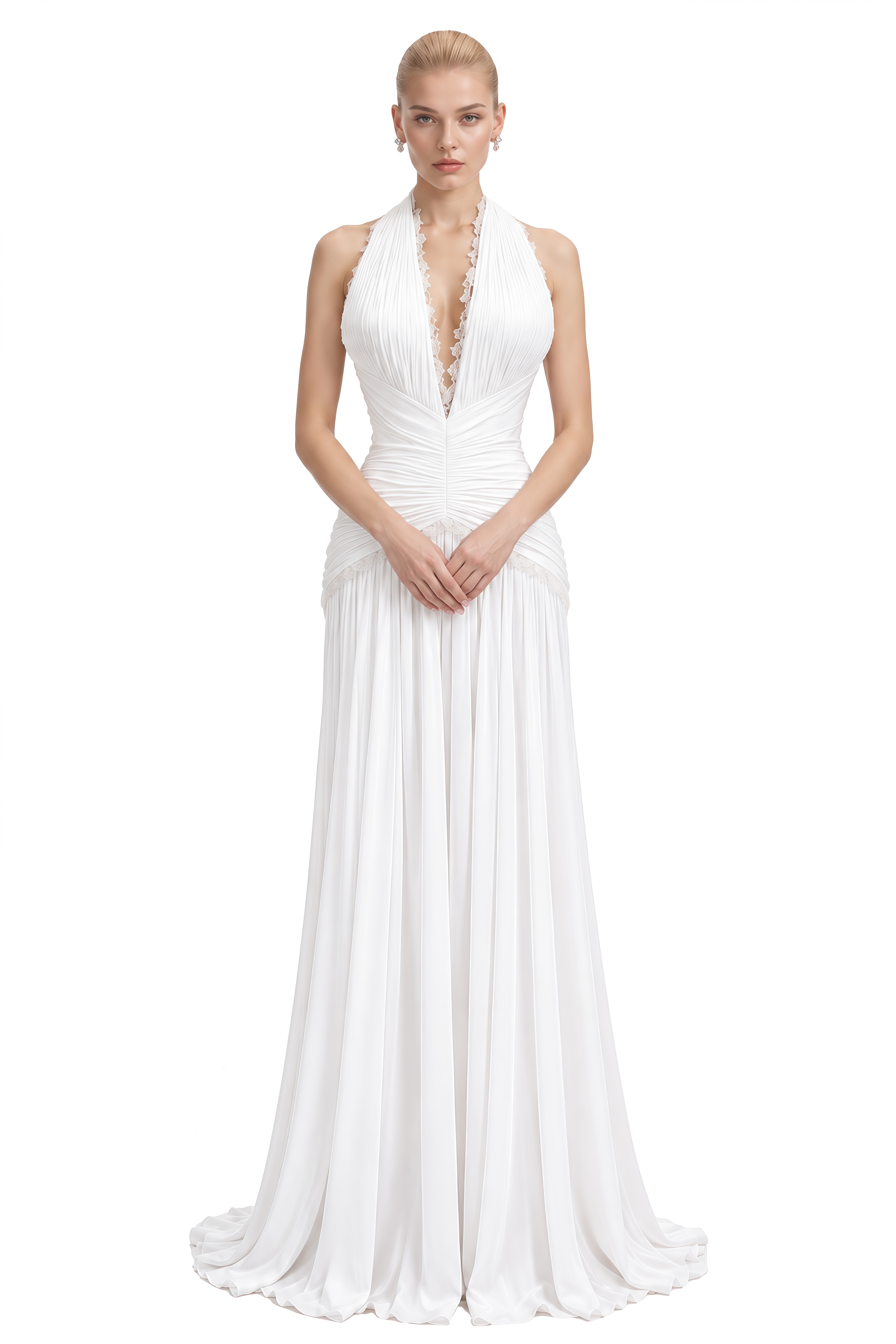 Diana White Halterneck Ruched Maxi Dress