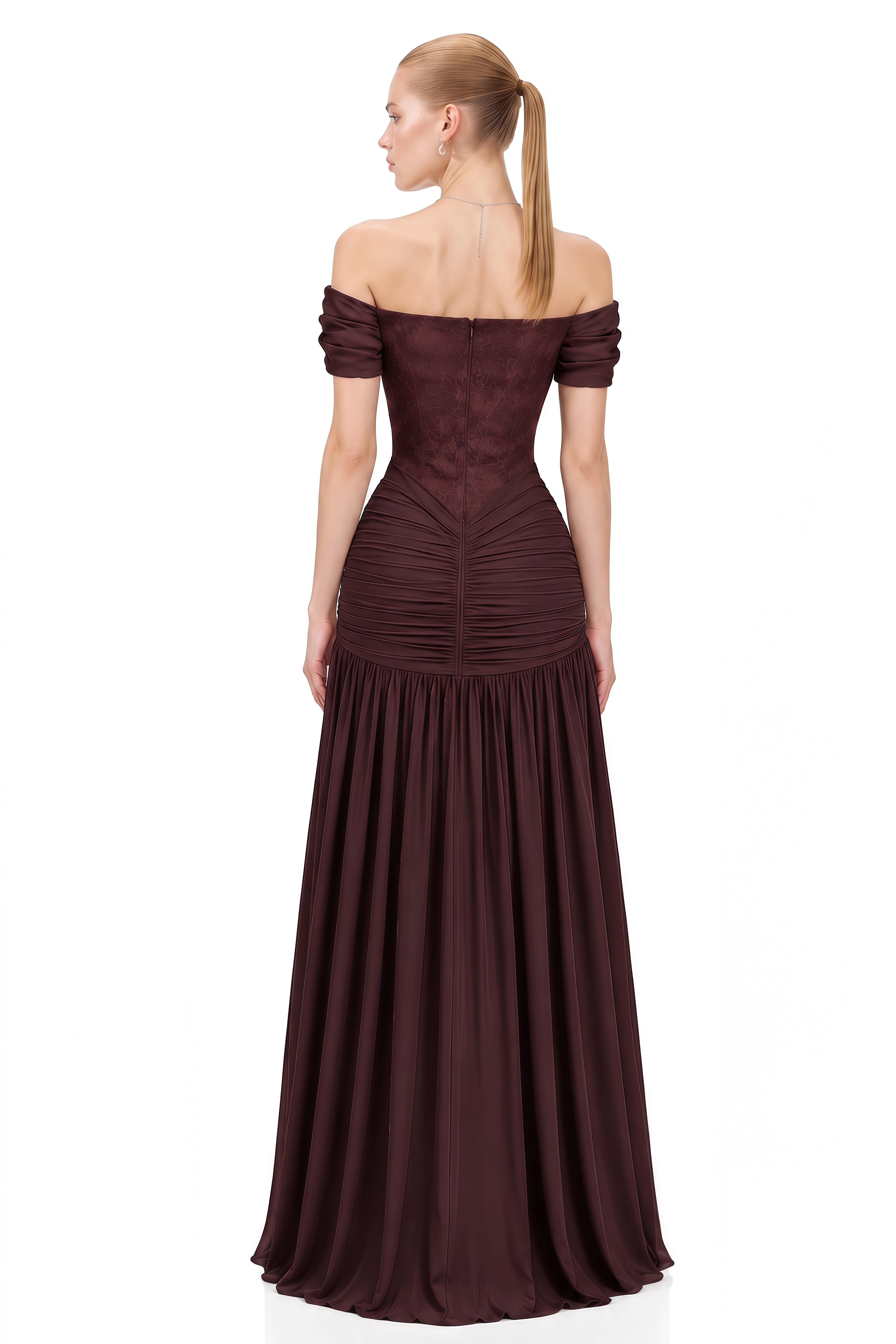 Portia Dark Brown Off Shoulder Lace Maxi Dress