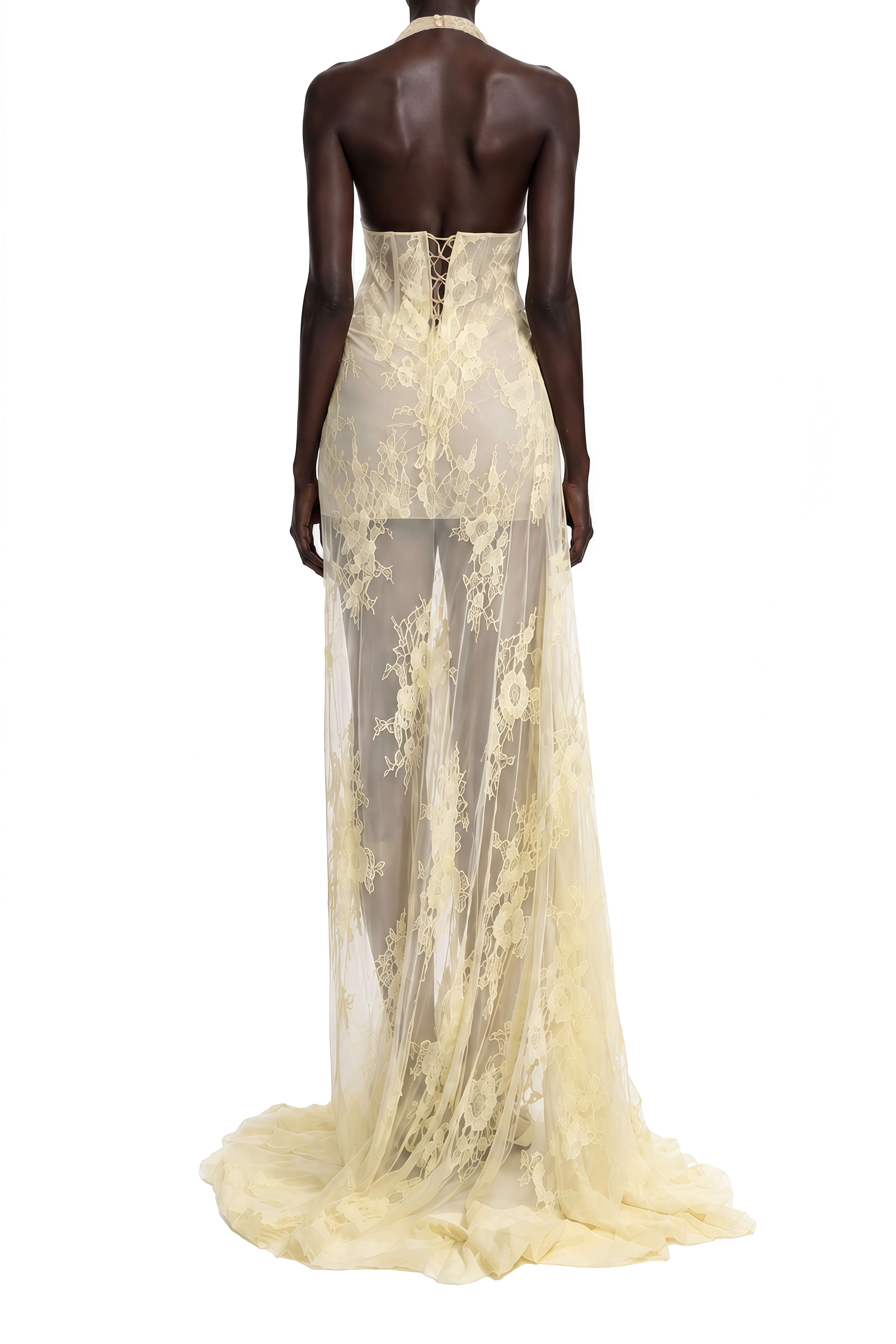 Linnea Yellow Halterneck Lace Maxi Dress
