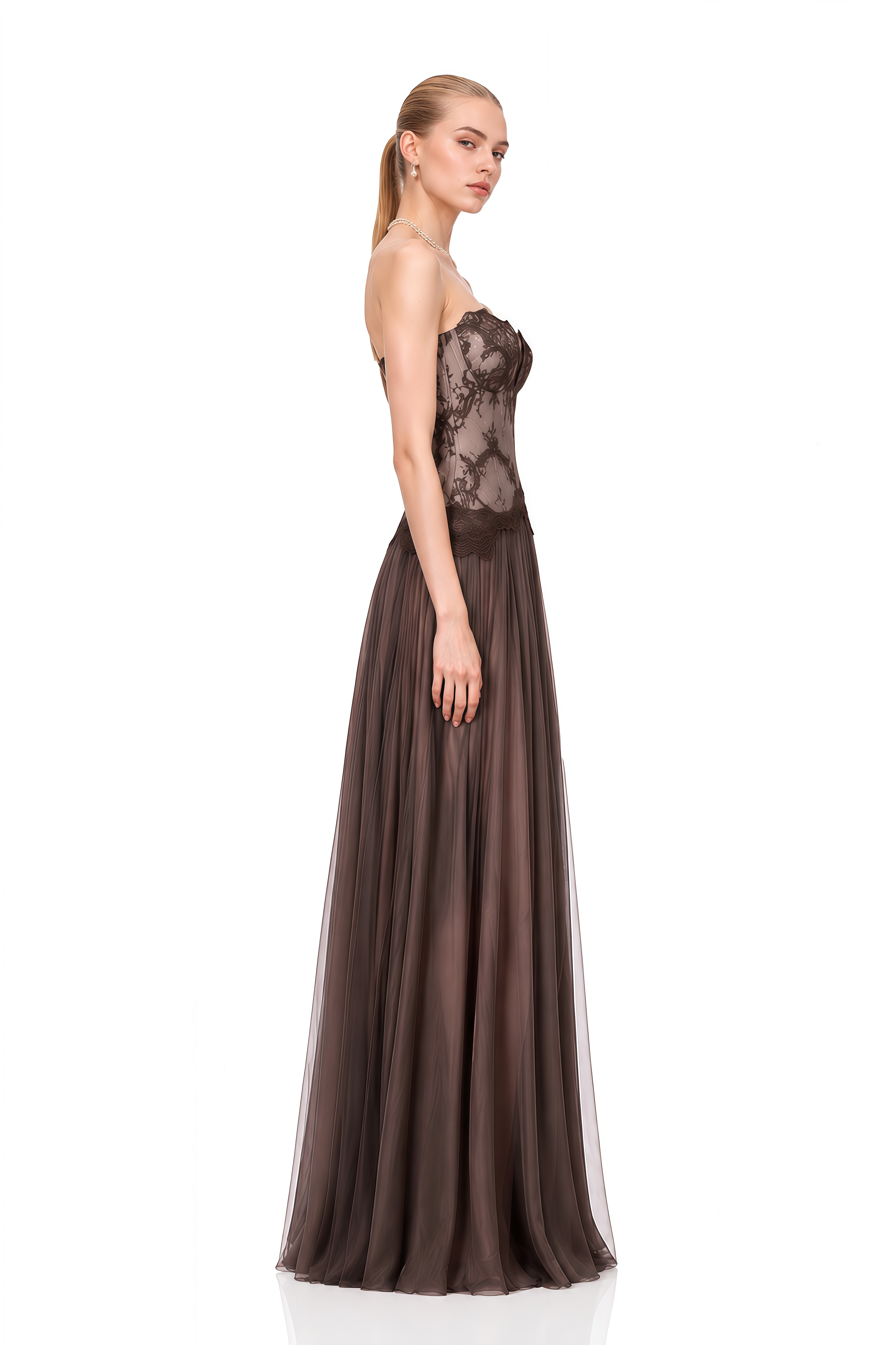 Grace Brown Sweetheart Neck Lace Maxi Dress