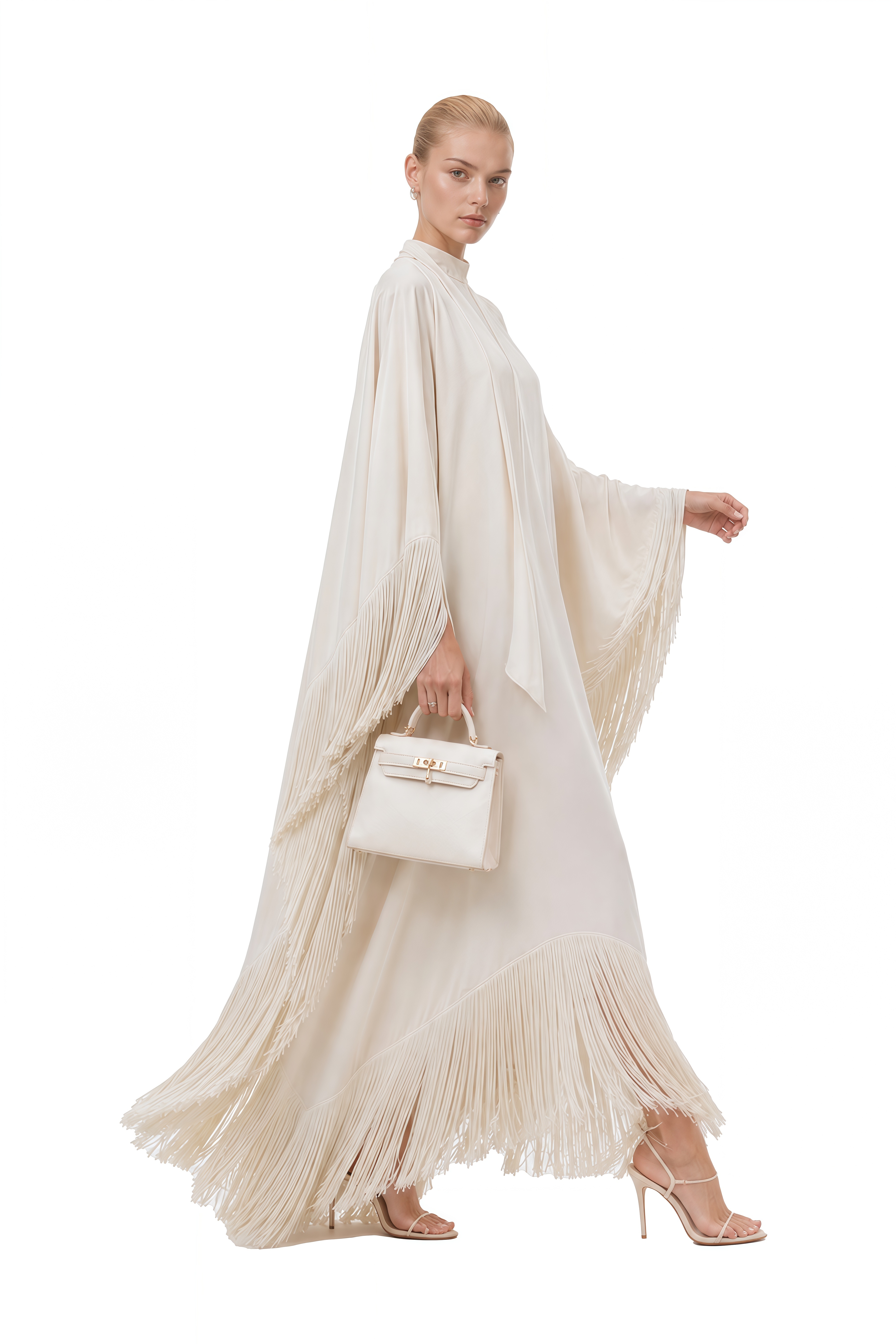 Thalia Ivory Cape Sleeves Fringe Maxi Dress
