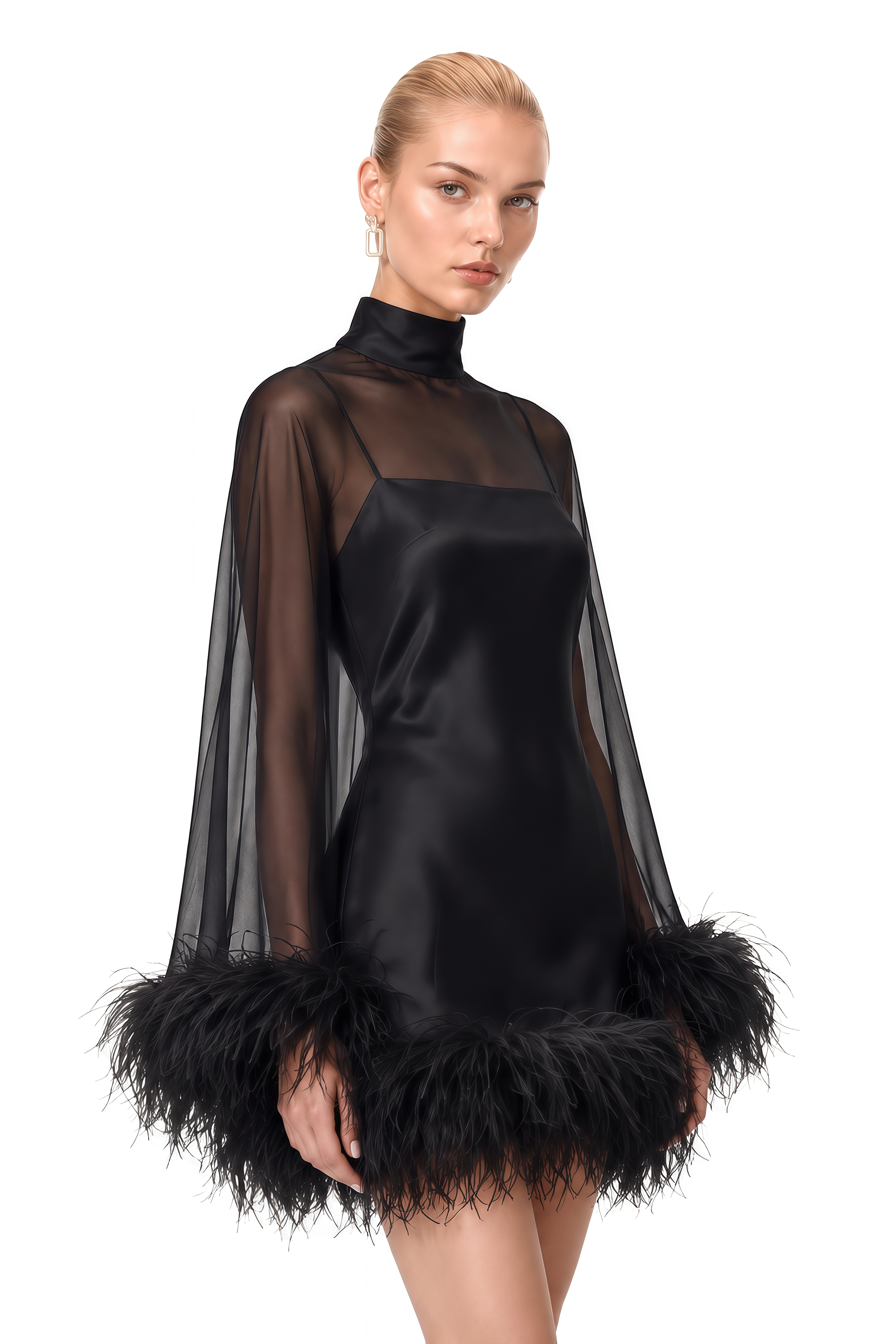Ivy Black Turtleneck Feather-Trim Mini Dress