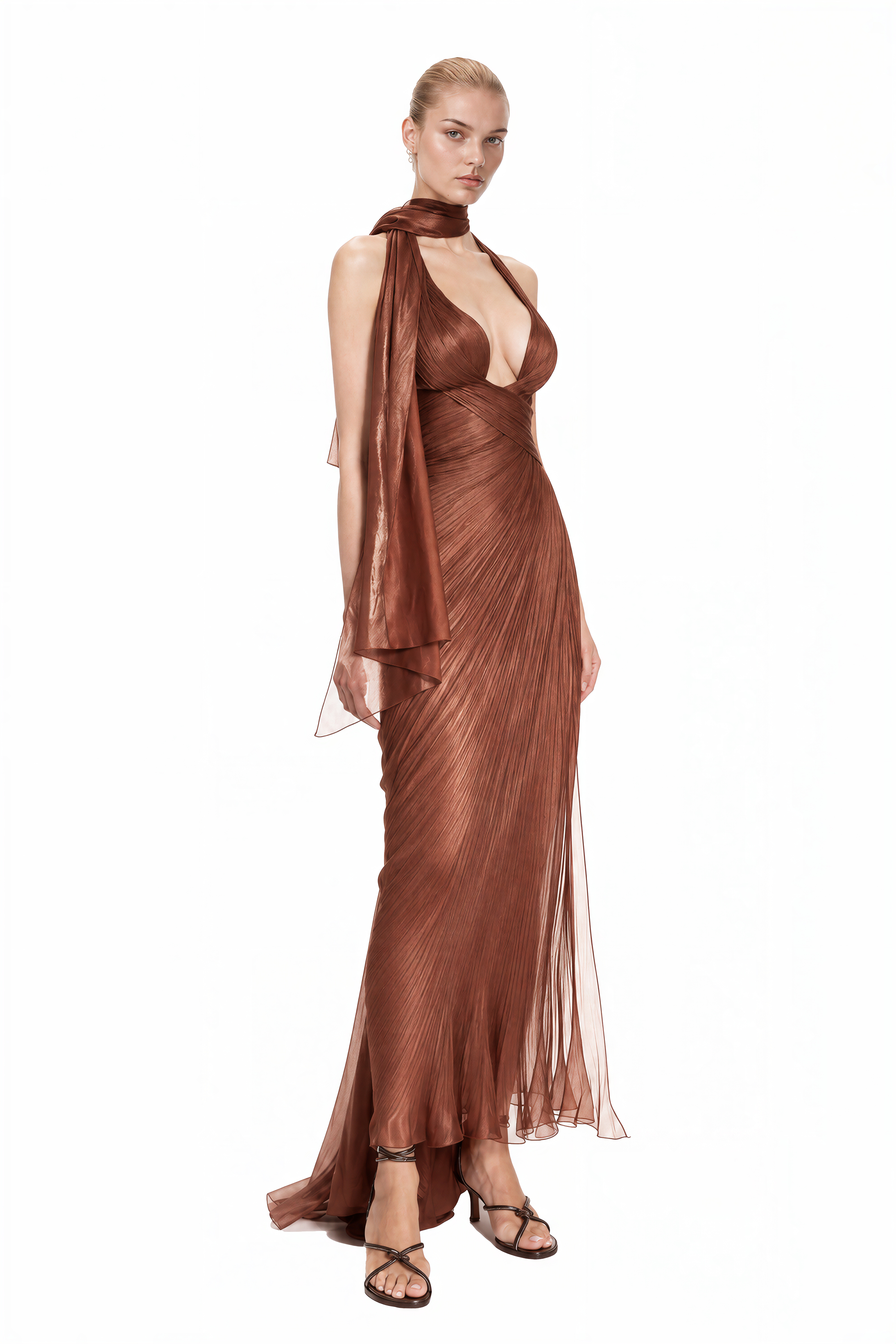 Mireille Brown Halterneck Asymmetrical Maxi Dress