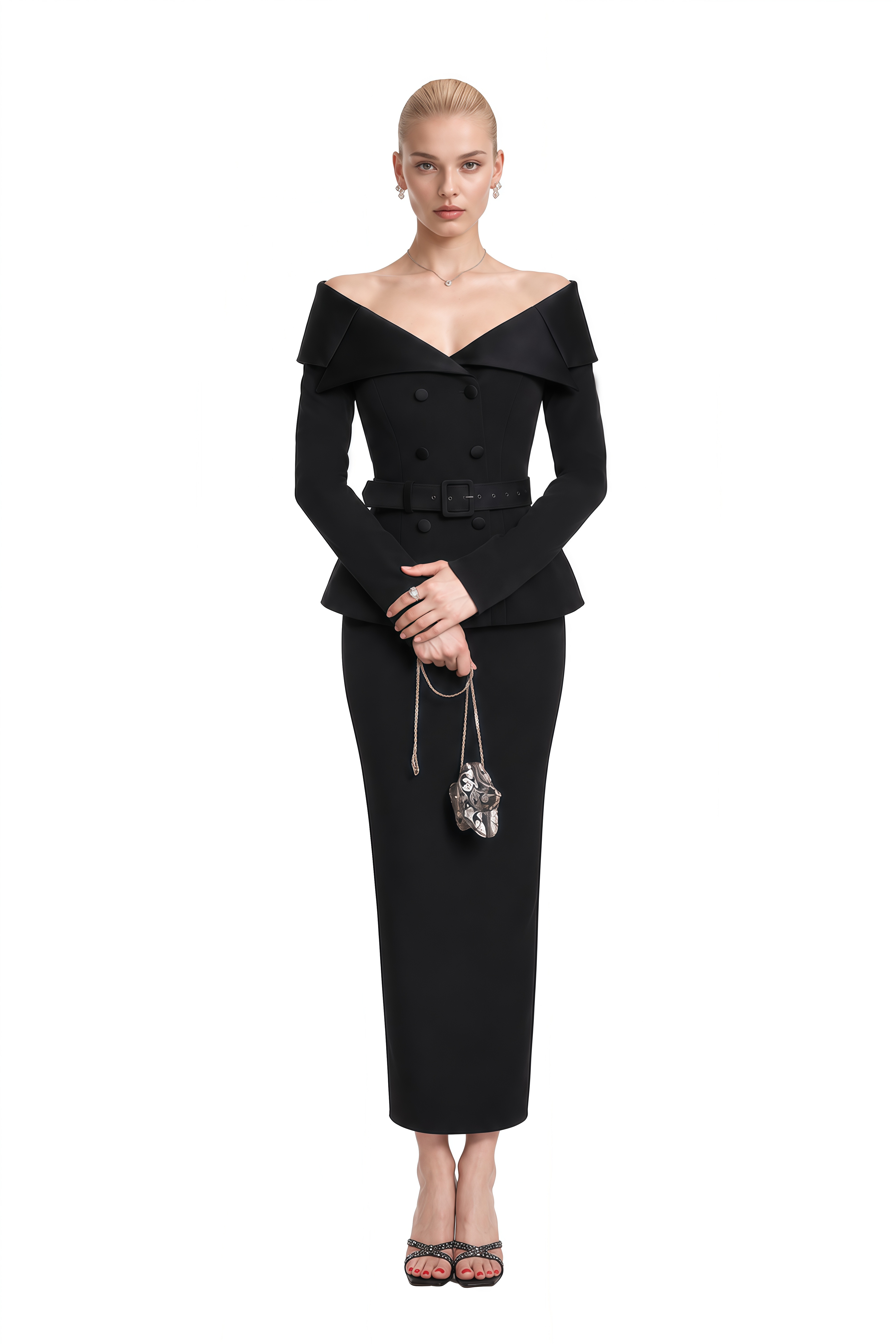 Beatrice Black Off Shoulder Belted Top & Skirt Set