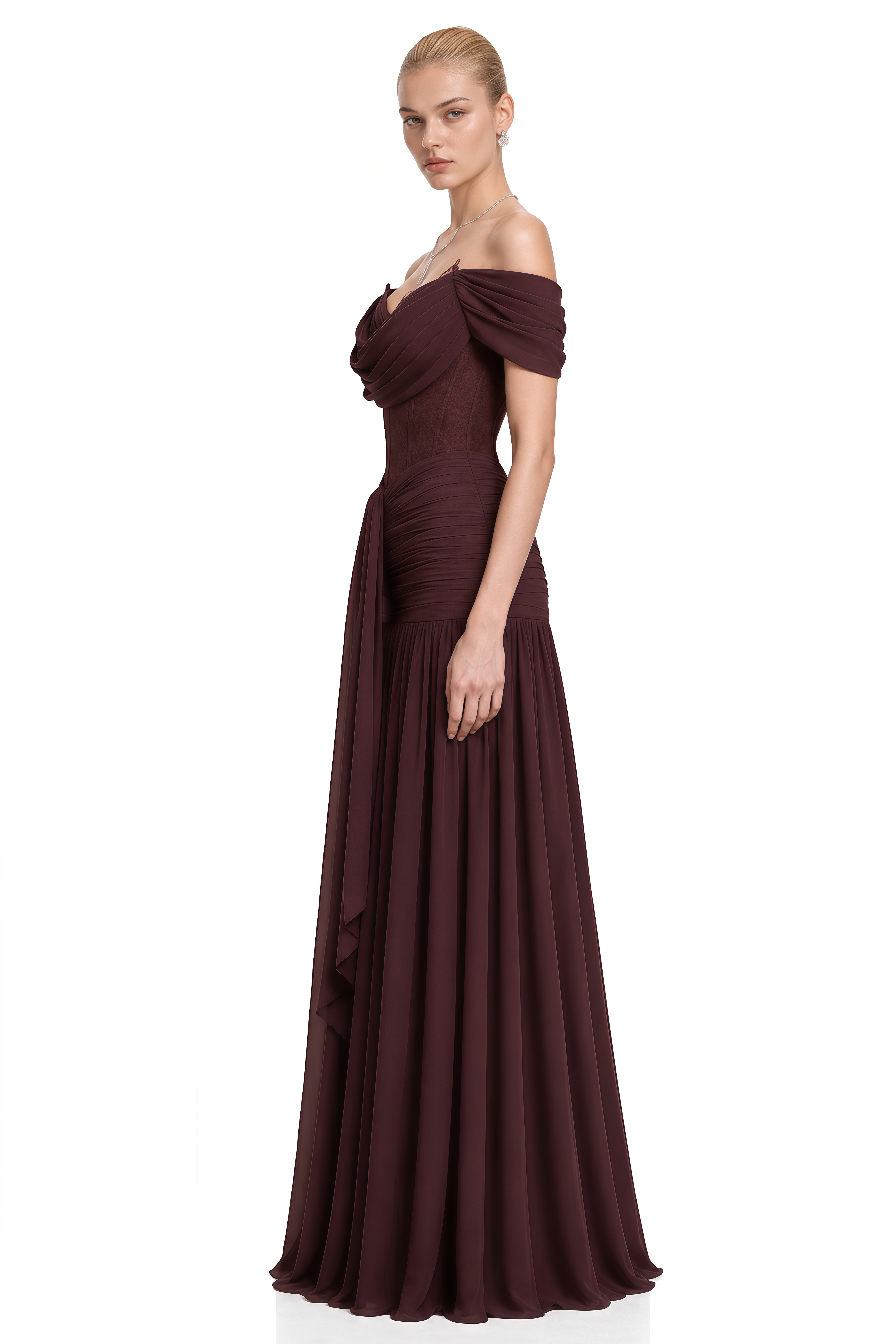 Portia Dark Brown Off Shoulder Lace Maxi Dress