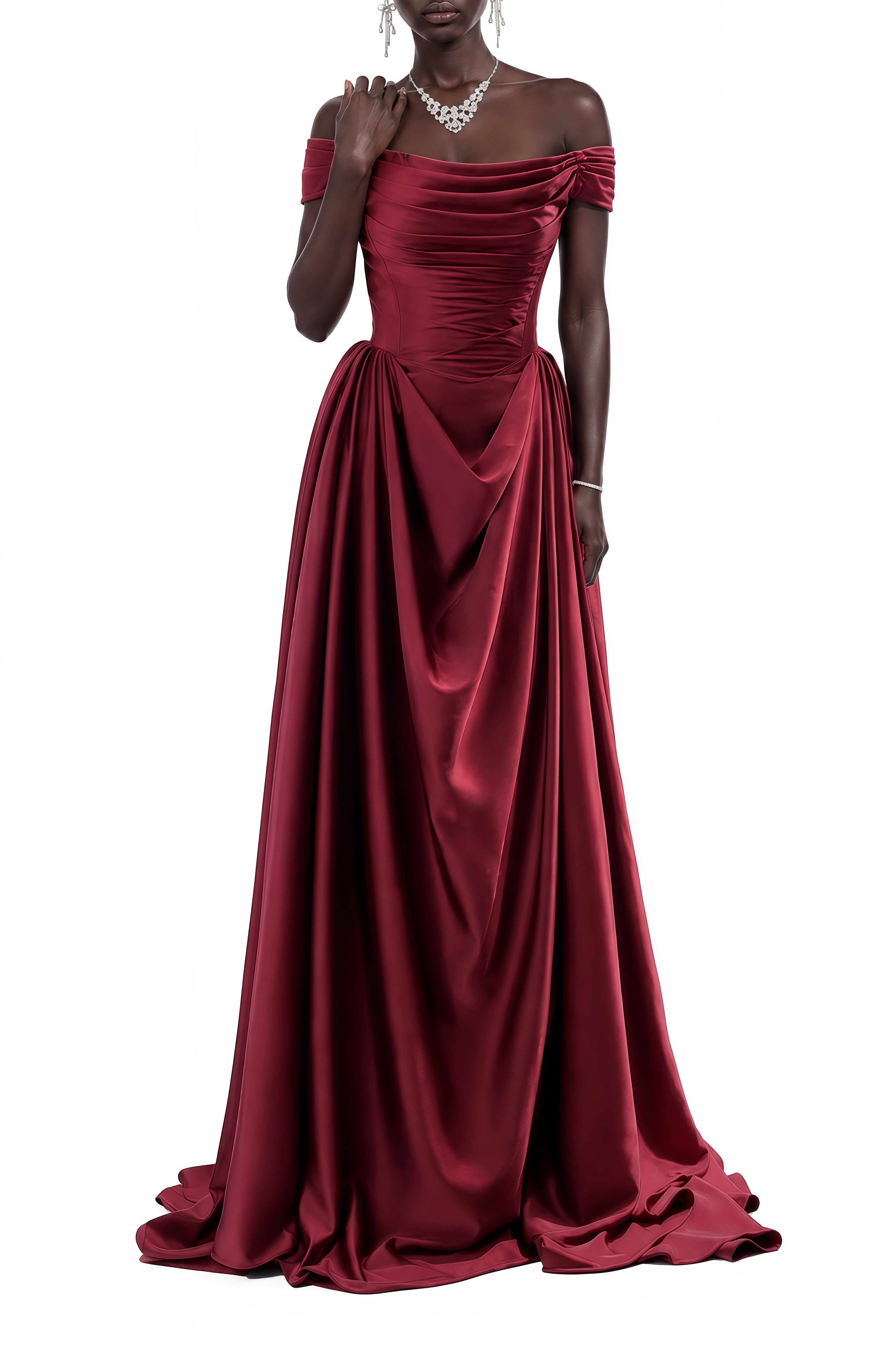 Adeline Red Off Shoulder Ruched Maxi Dress