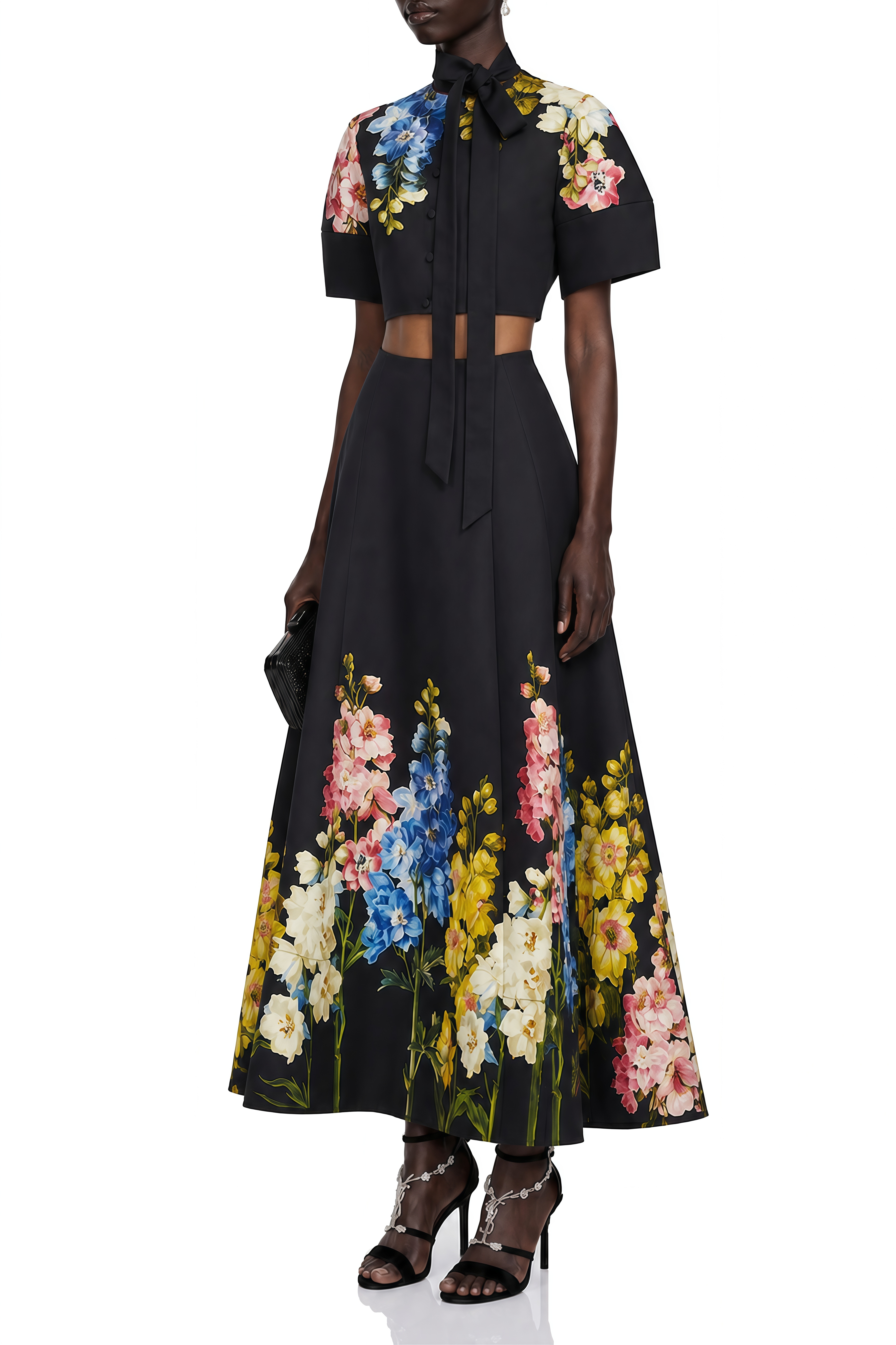 Amara Black Floral Print Turtleneck Top & Skirt Set