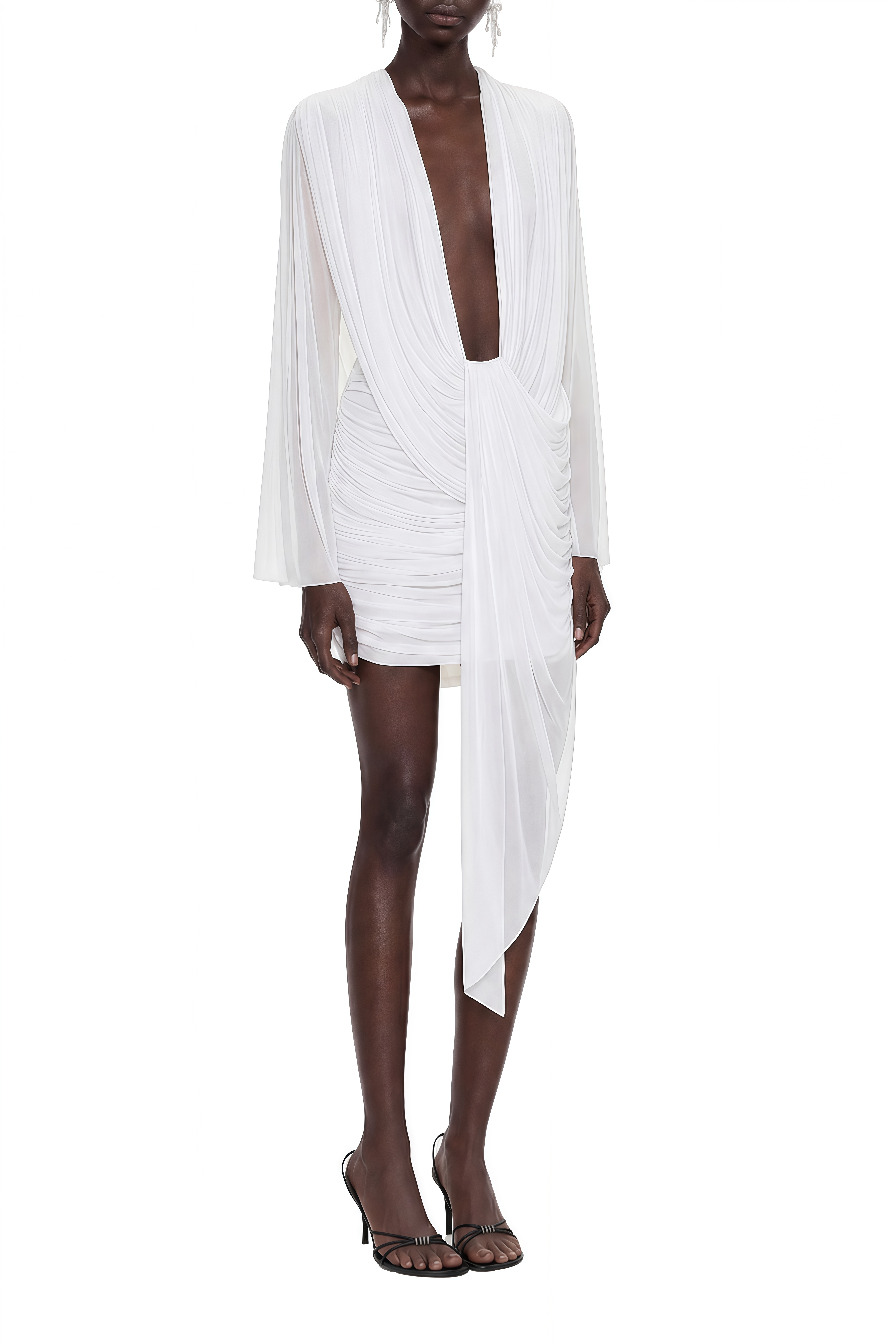 Vesper White Long Sleeves Draped Mini Dress