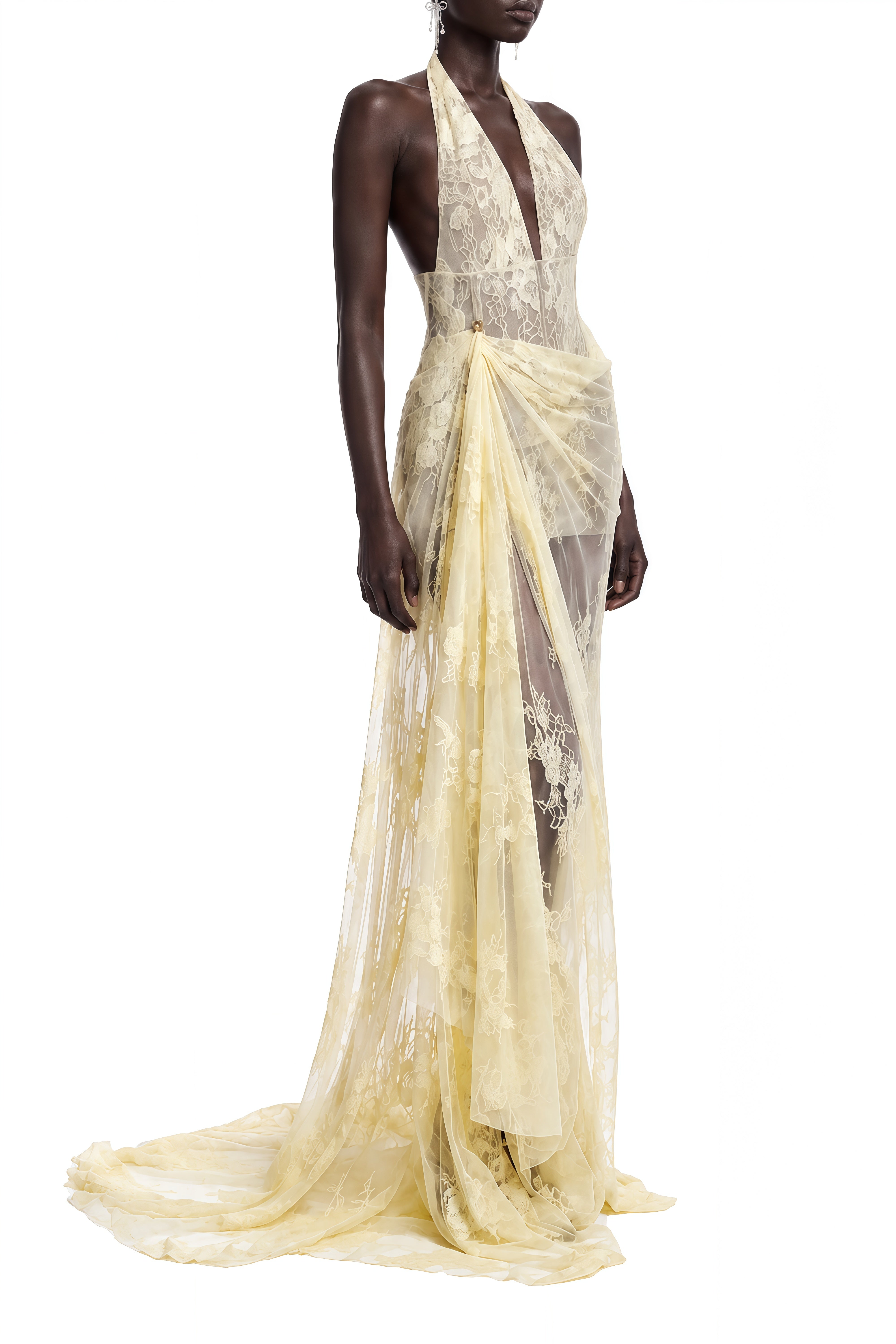 Linnea Yellow Halterneck Lace Maxi Dress