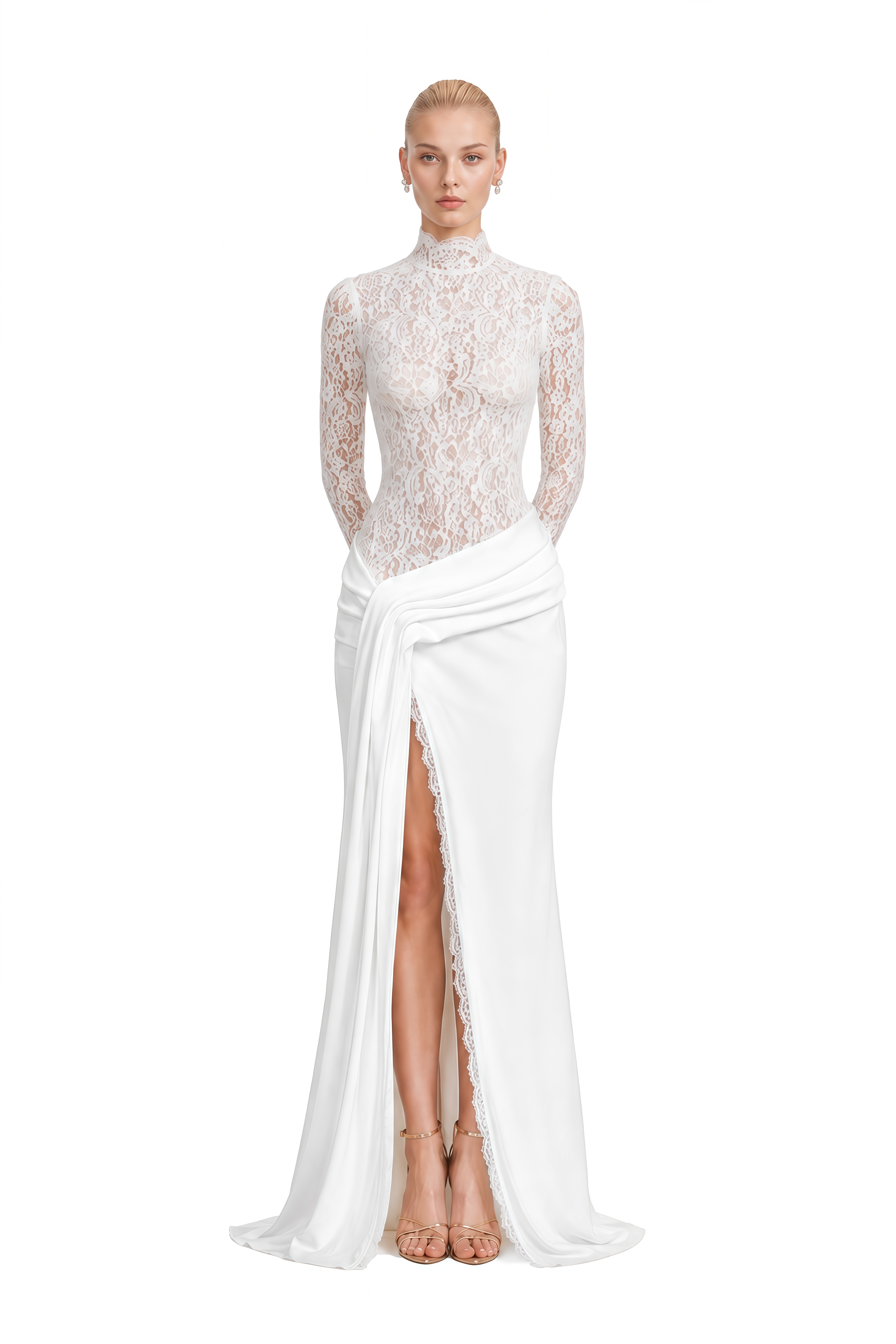 Rosamund White Turtleneck Lace Maxi Dress