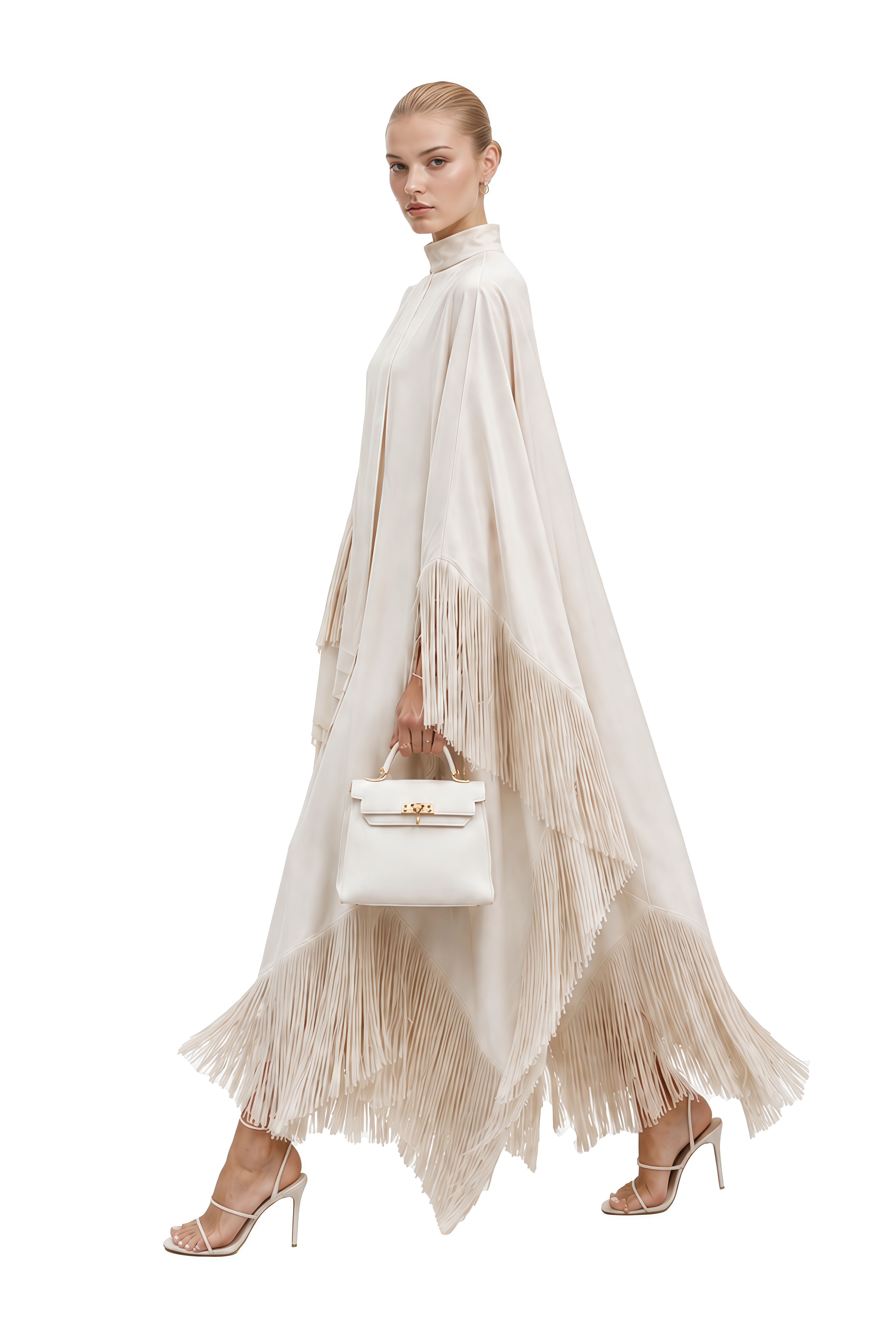 Thalia Ivory Cape Sleeves Fringe Maxi Dress