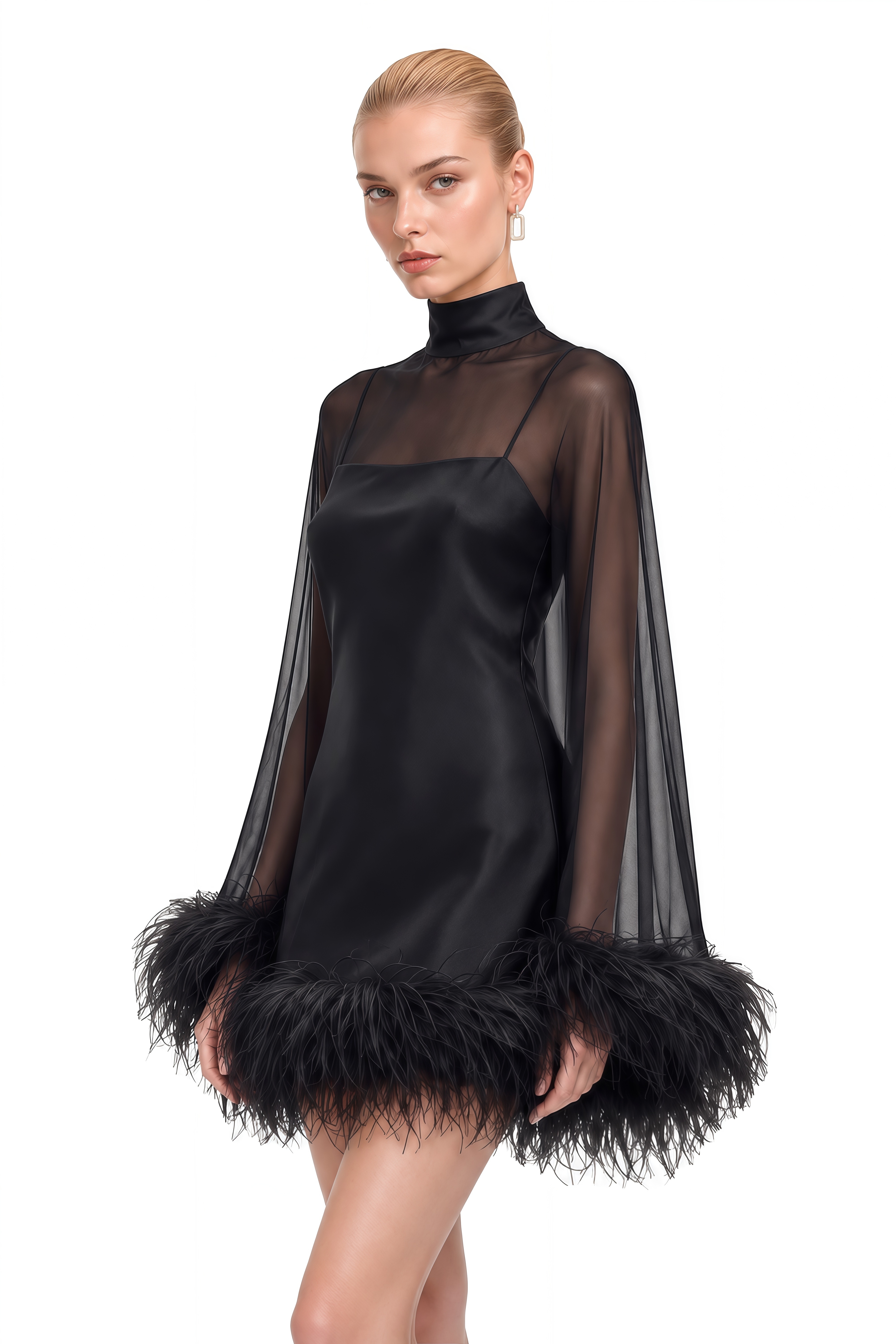 Ivy Black Turtleneck Feather-Trim Mini Dress