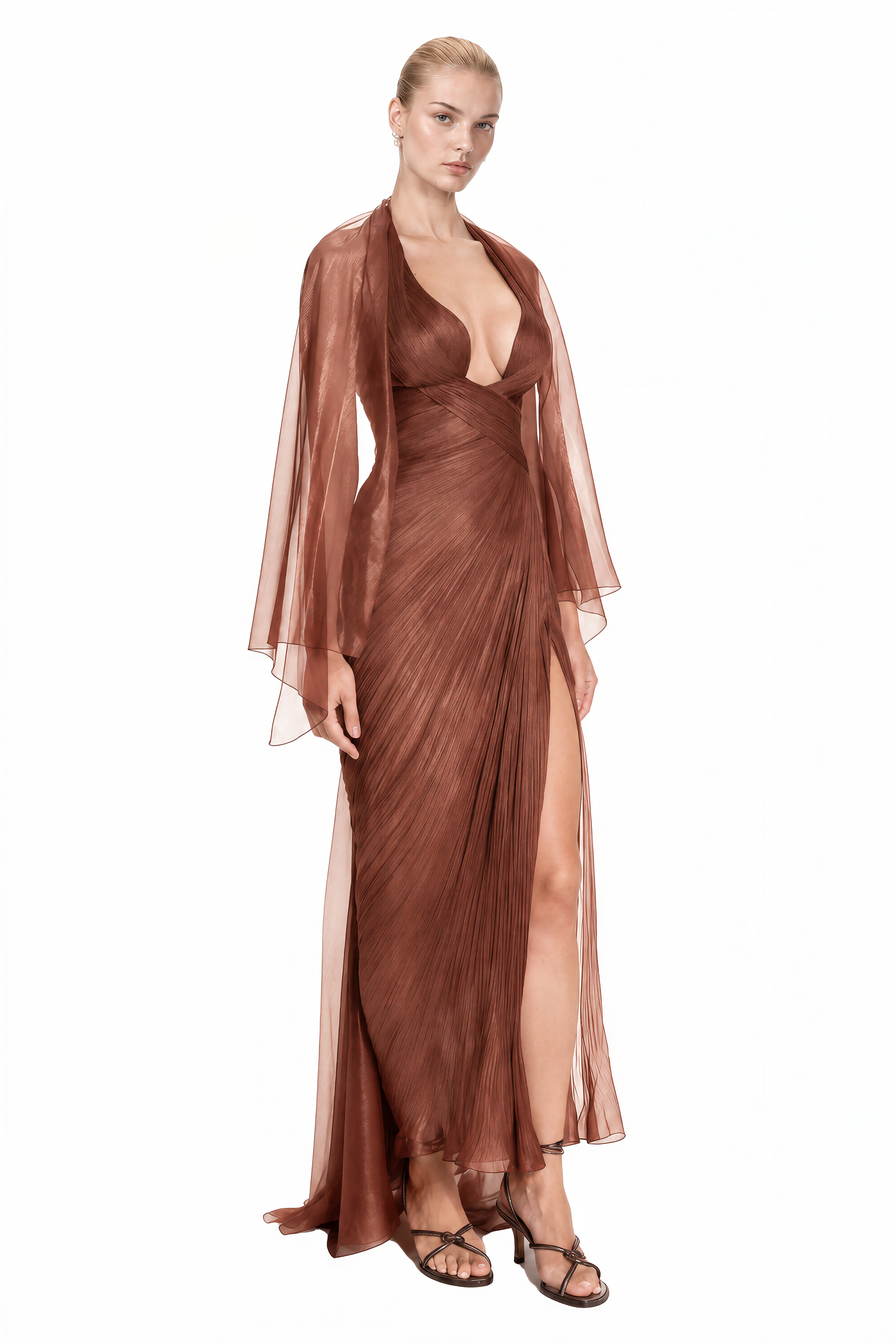 Mireille Brown Halterneck Asymmetrical Maxi Dress