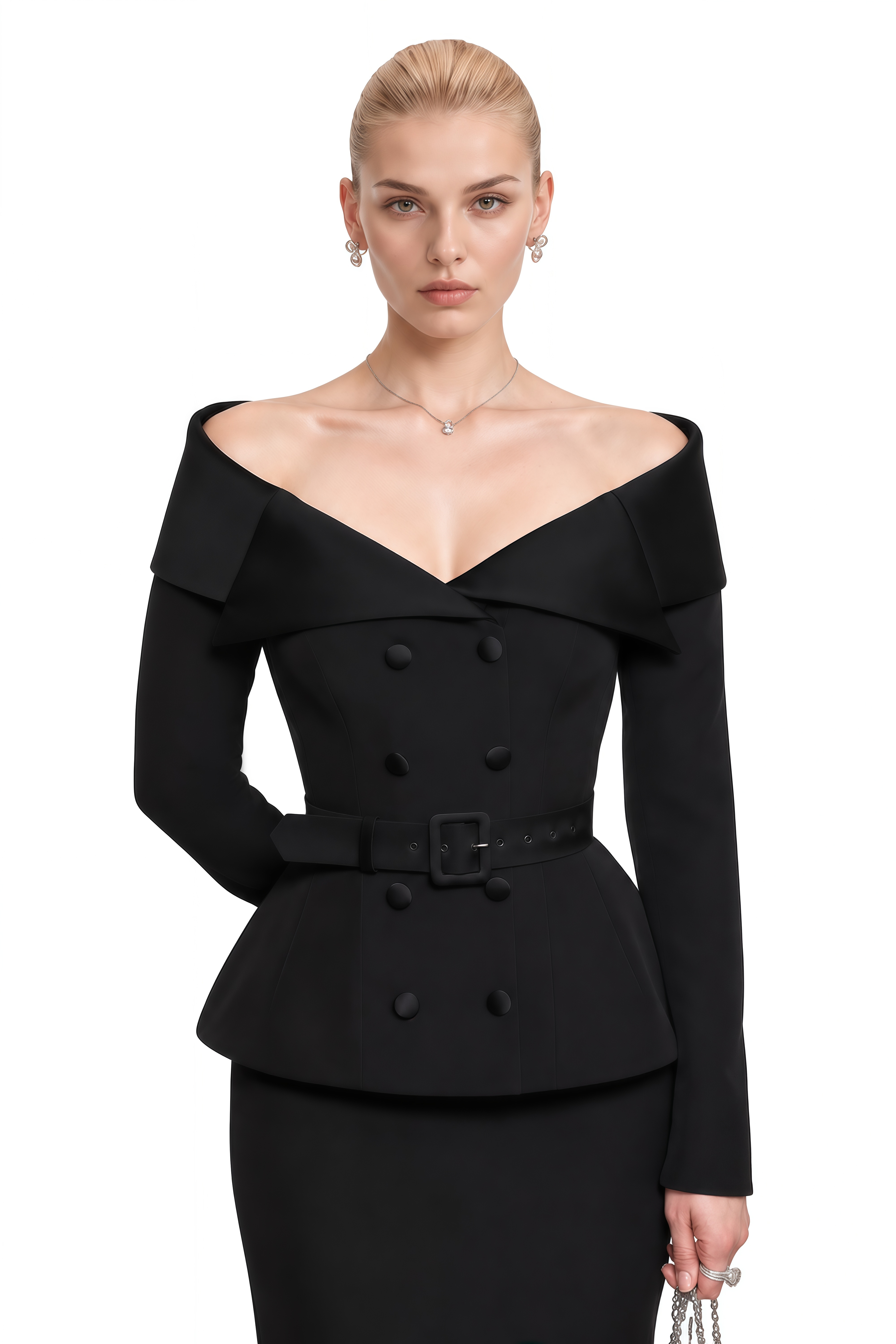 Beatrice Black Off Shoulder Belted Top & Skirt Set