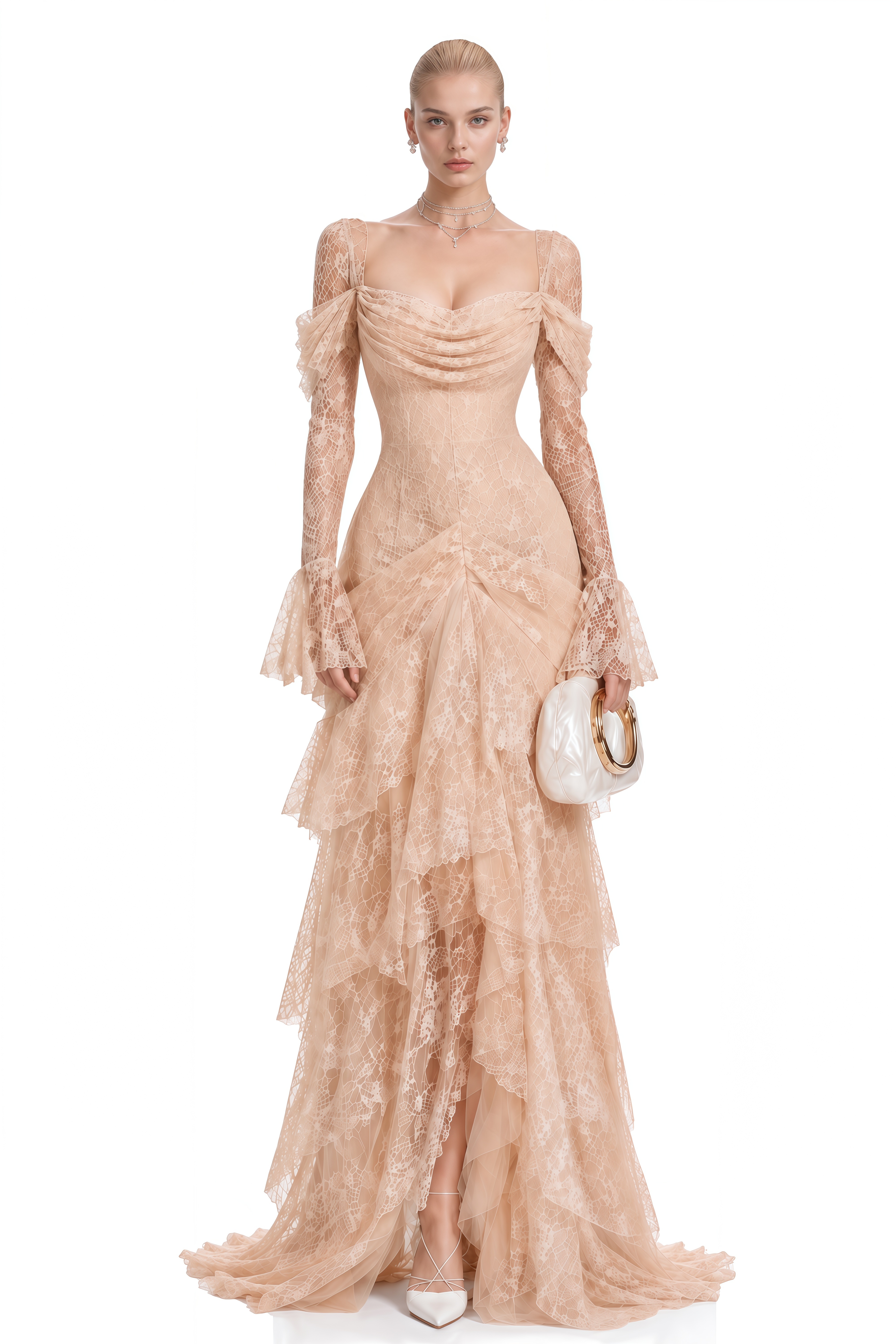 Viola Neutral Long Sleeves Lace Maxi Dress